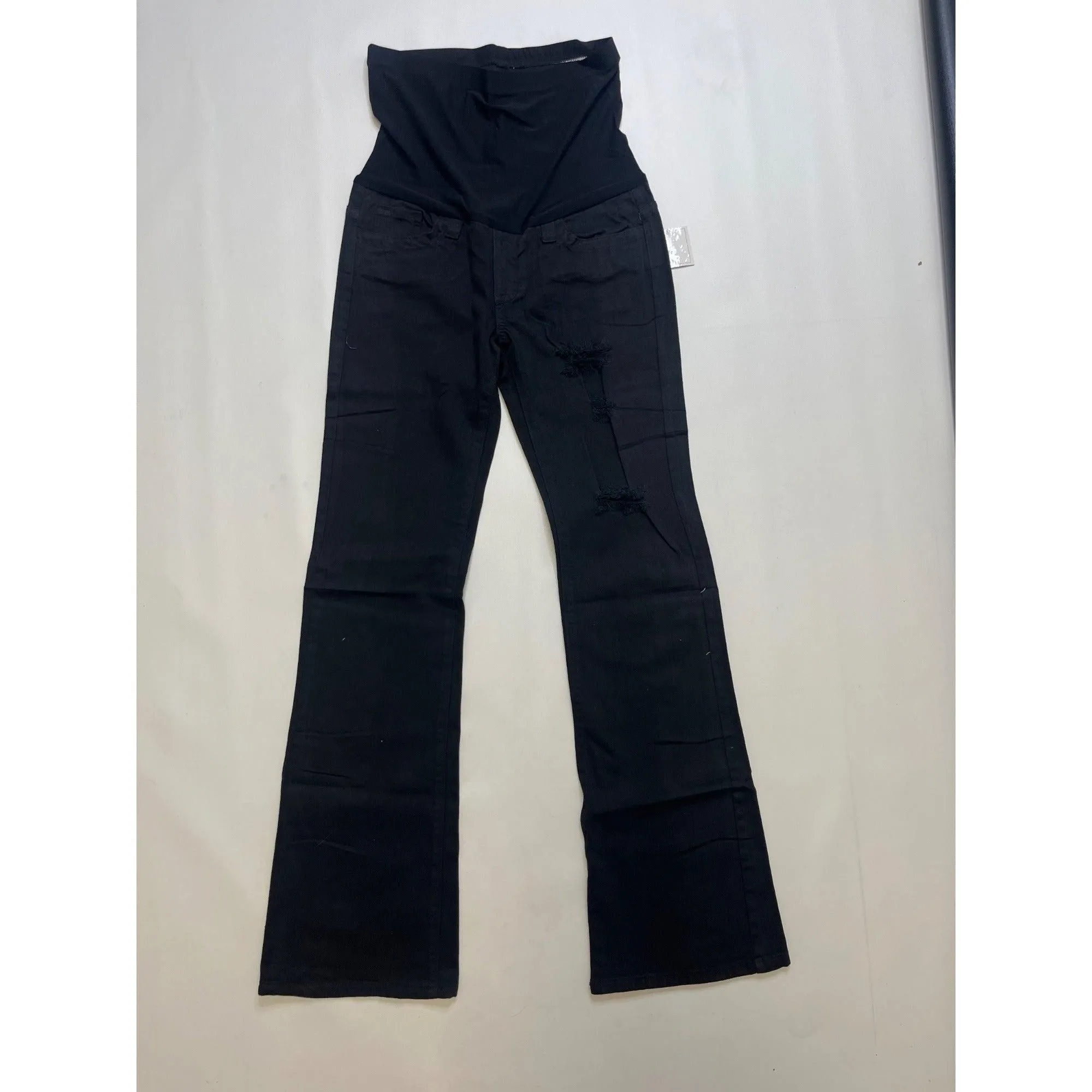 #1056 Oh Mamma! Maternity M Indigo Blue Black Distressed Bootcut Jeans