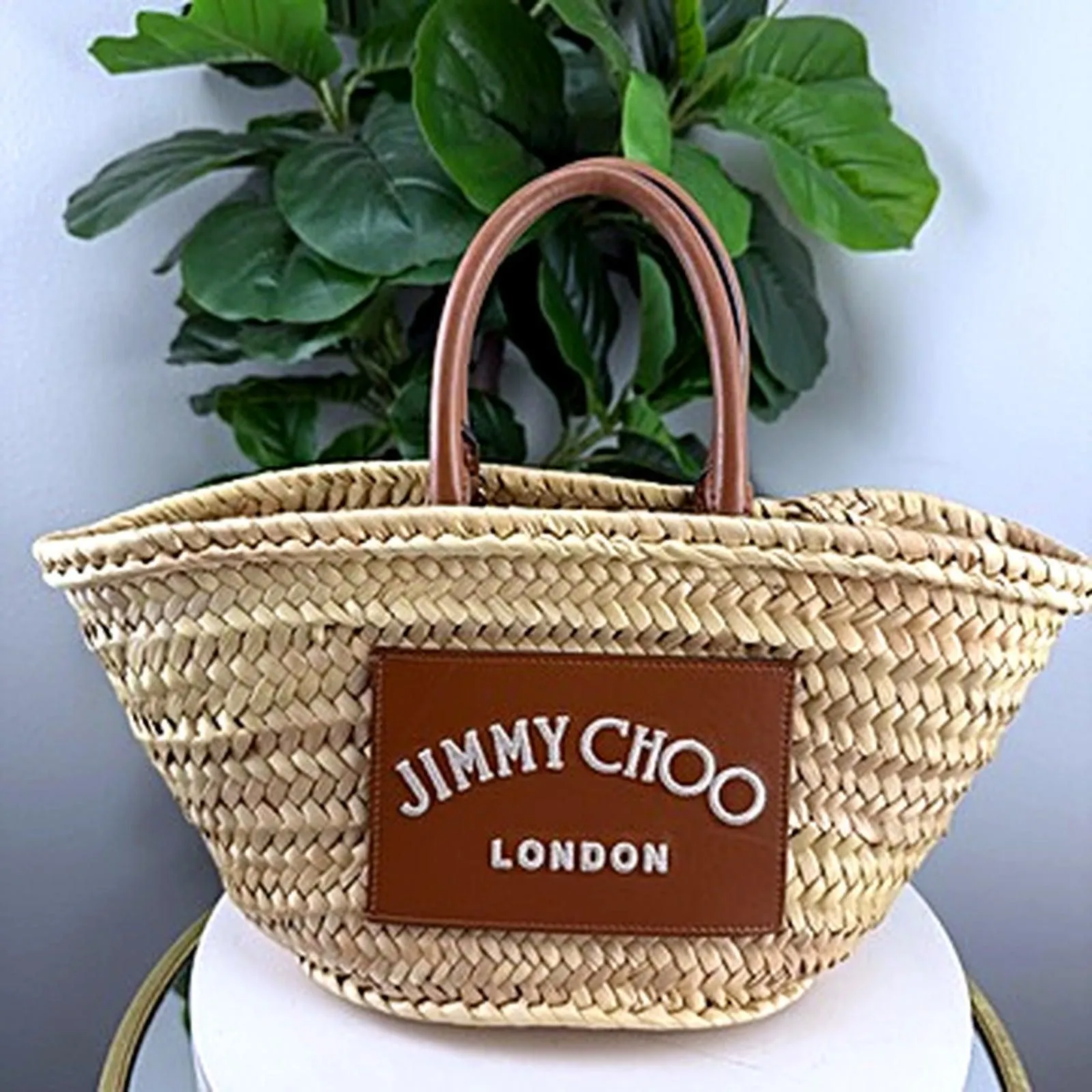 Authentic Jimmy Choo London Woven Straw Basket Tote Bag