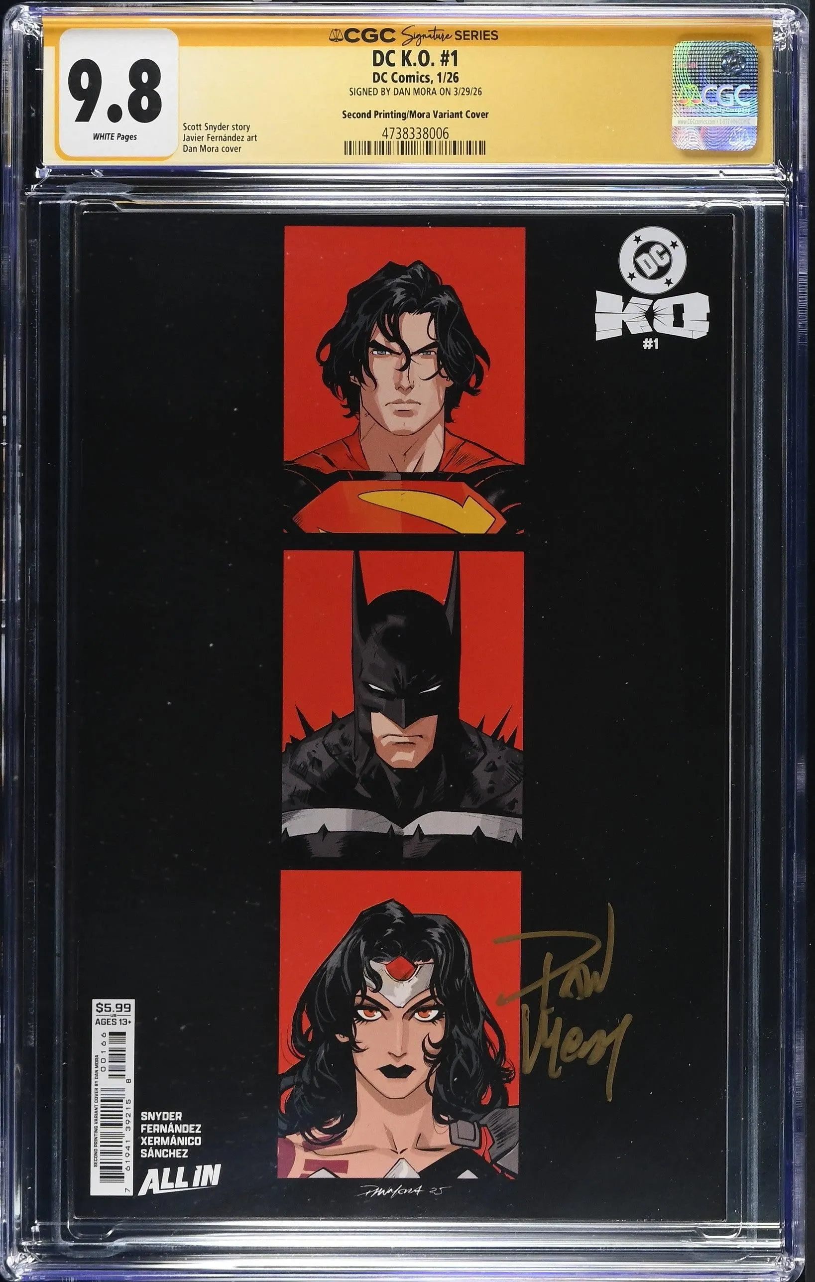 DC K.O. #1 (OF 5) SECOND PRINTING CVR B SIGNED BY DAN MORA CGC SS 9.8 WP NM/M
