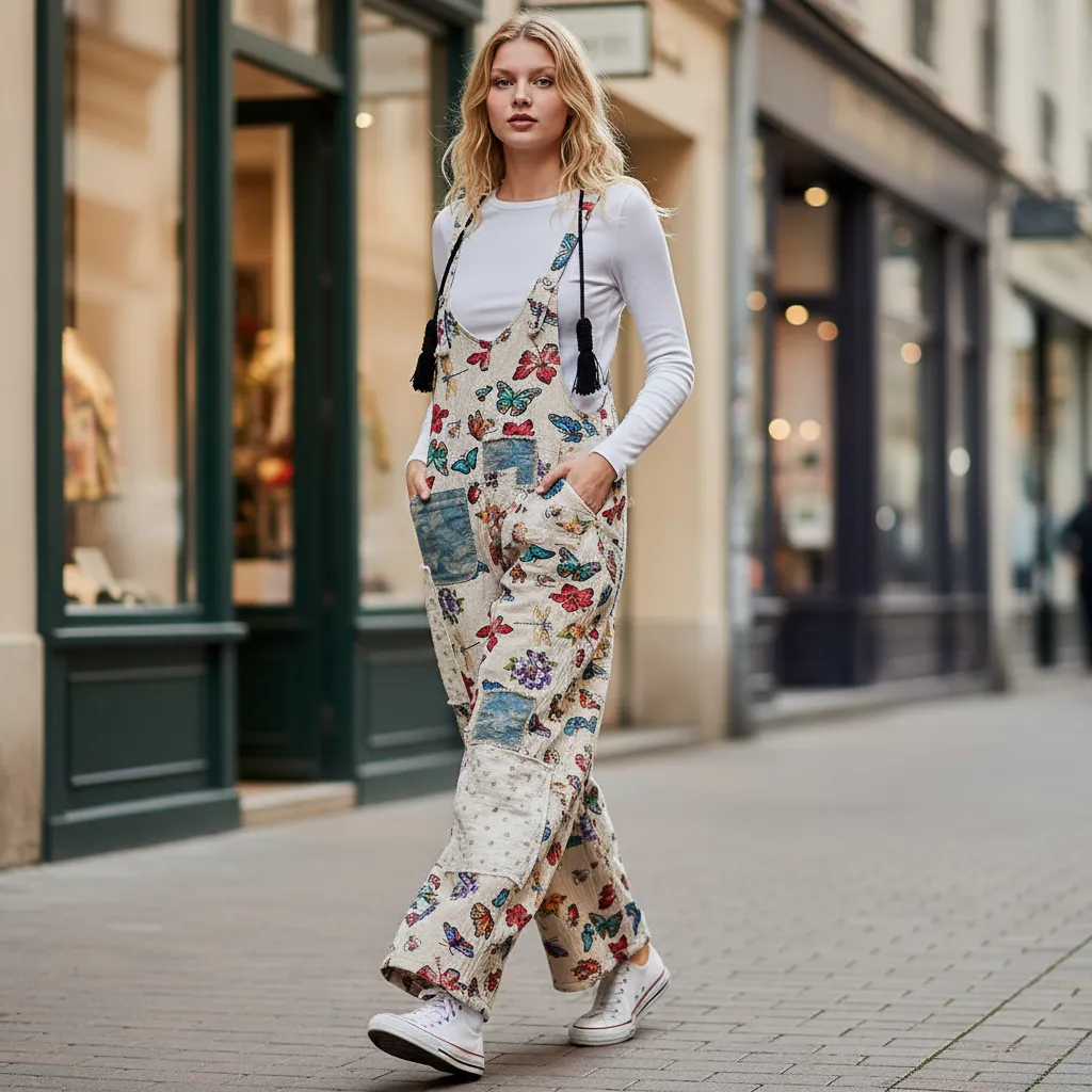 POL Butterfly Patchwork Wide-Leg Overalls