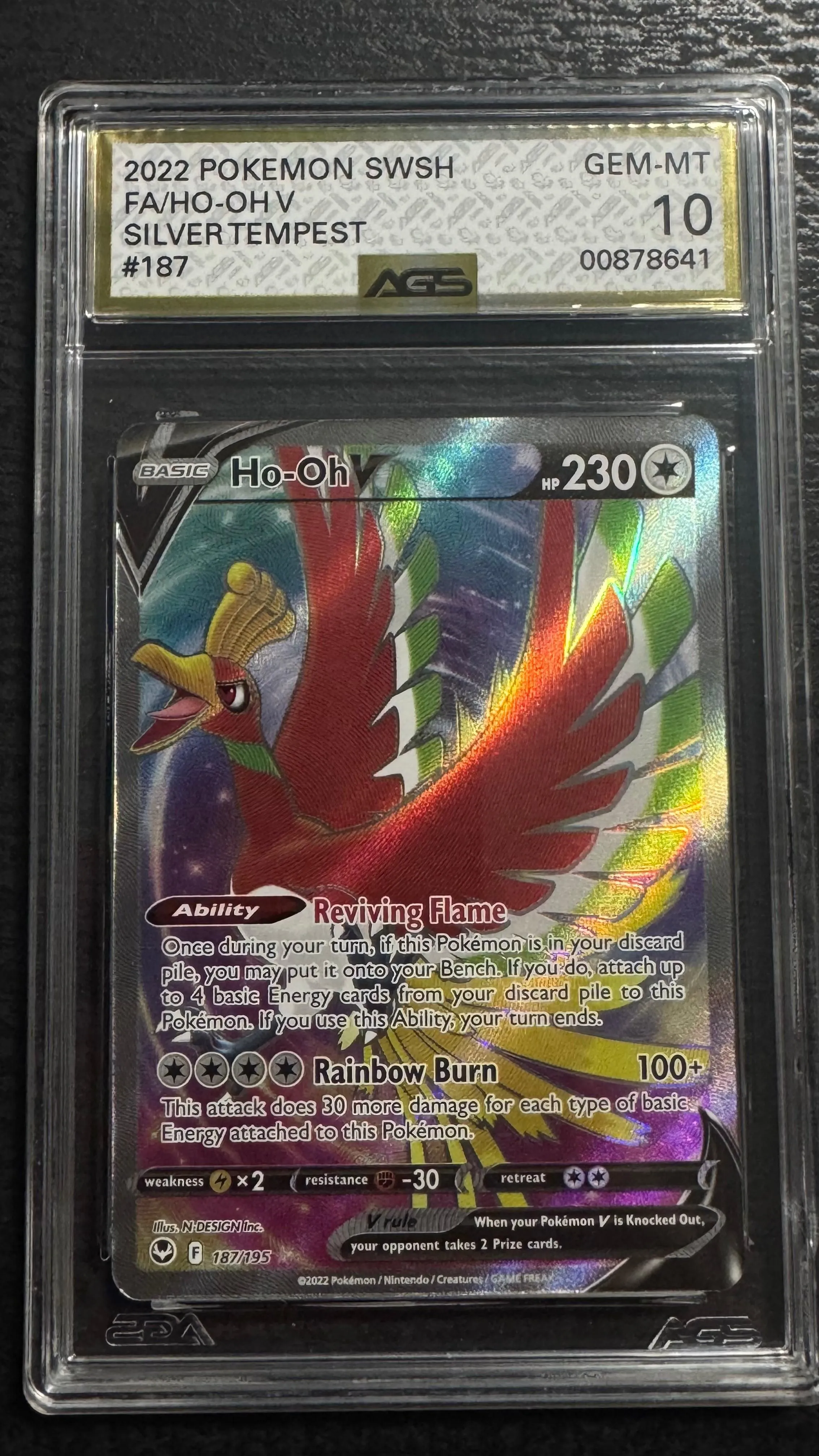 2022 Pokemon Silver Tempest Full Art Ho-Oh V #187 AGS 10 Gem Mint