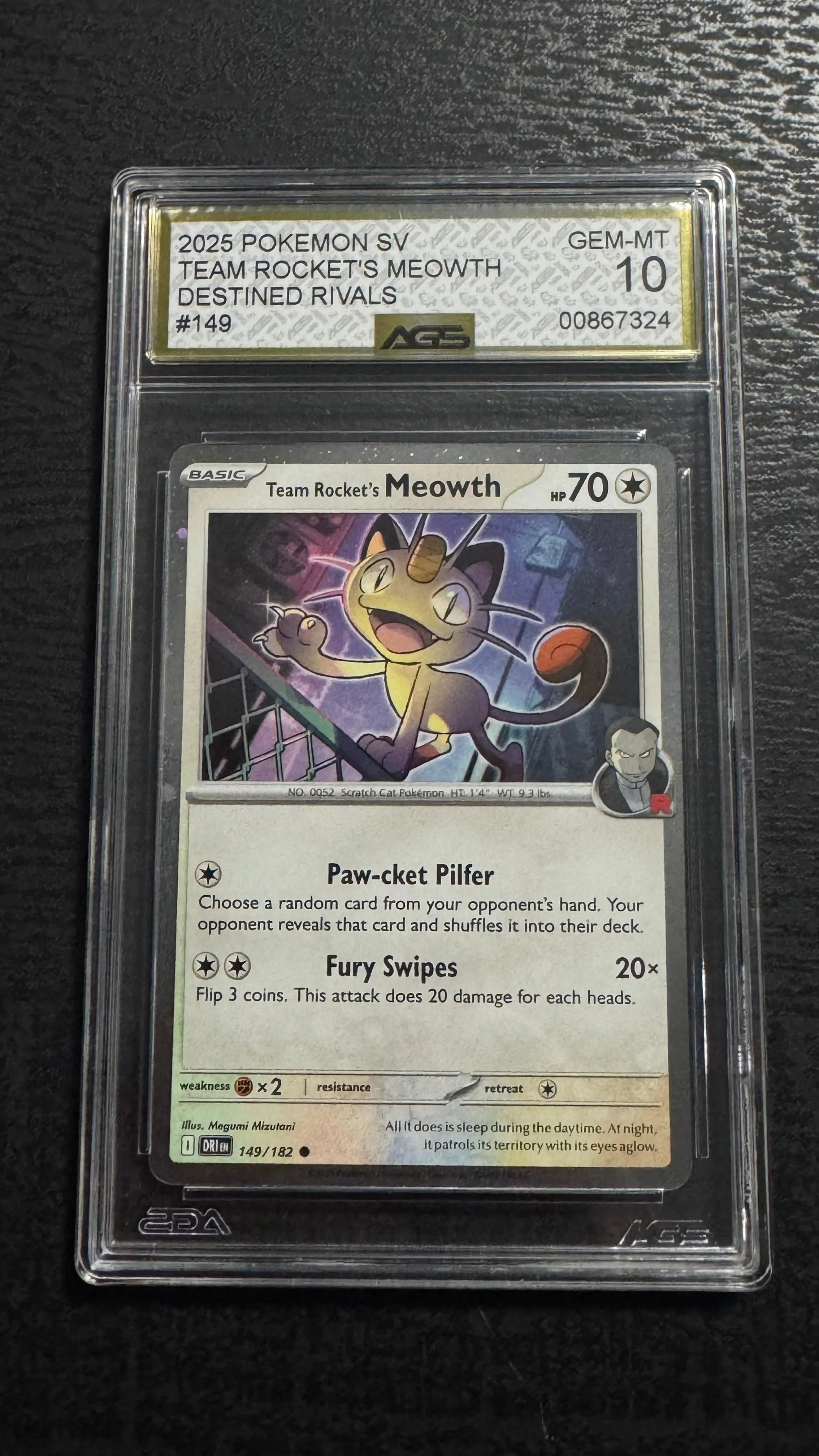 2025 Pokemon Destined Rivals Cosmos Holo Team Rocket's Meowth #149 AGS 10