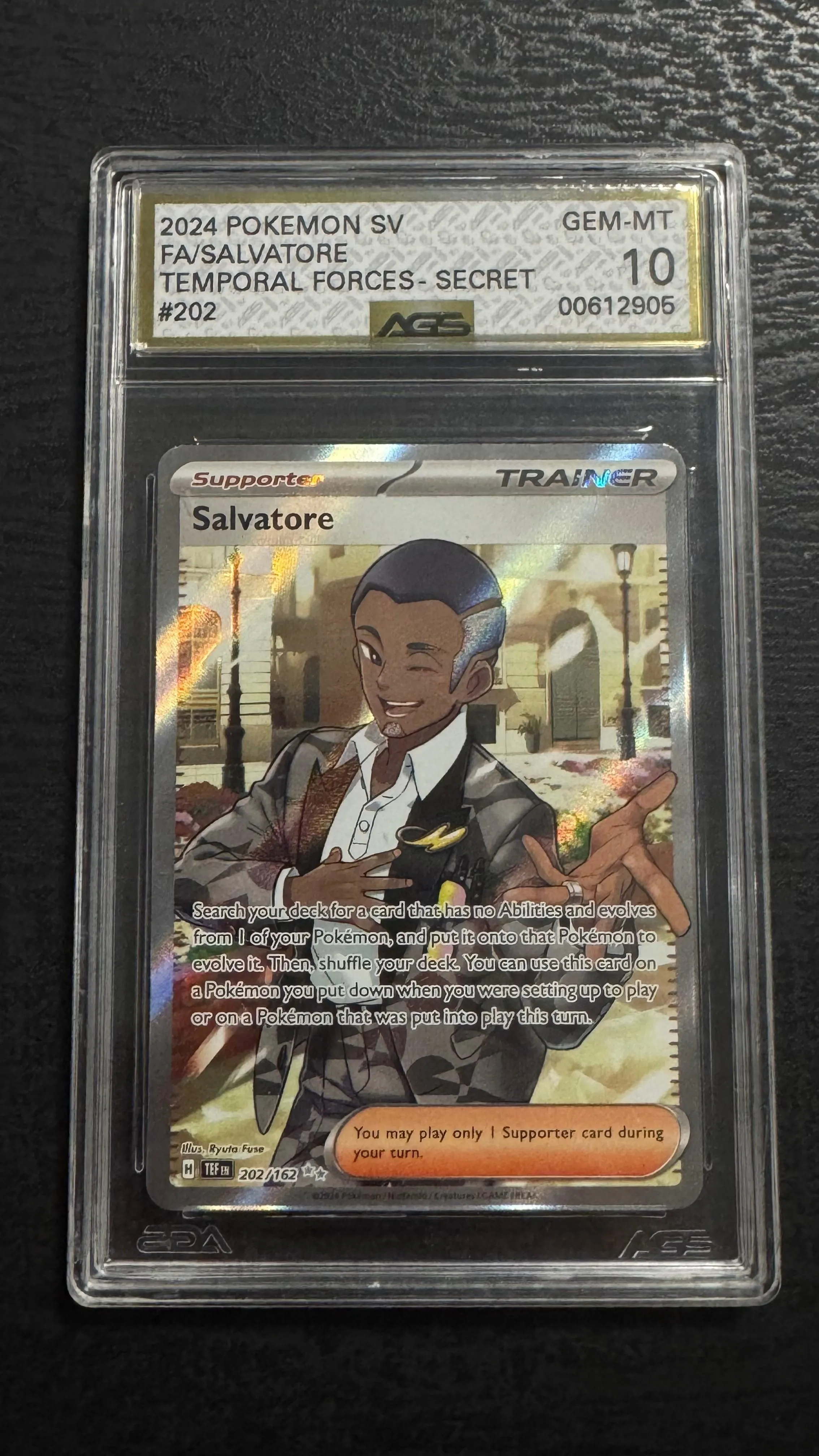 2024 Pokemon Temporal Forces Full Art Salvatore #202 AGS 10 Gem Mint