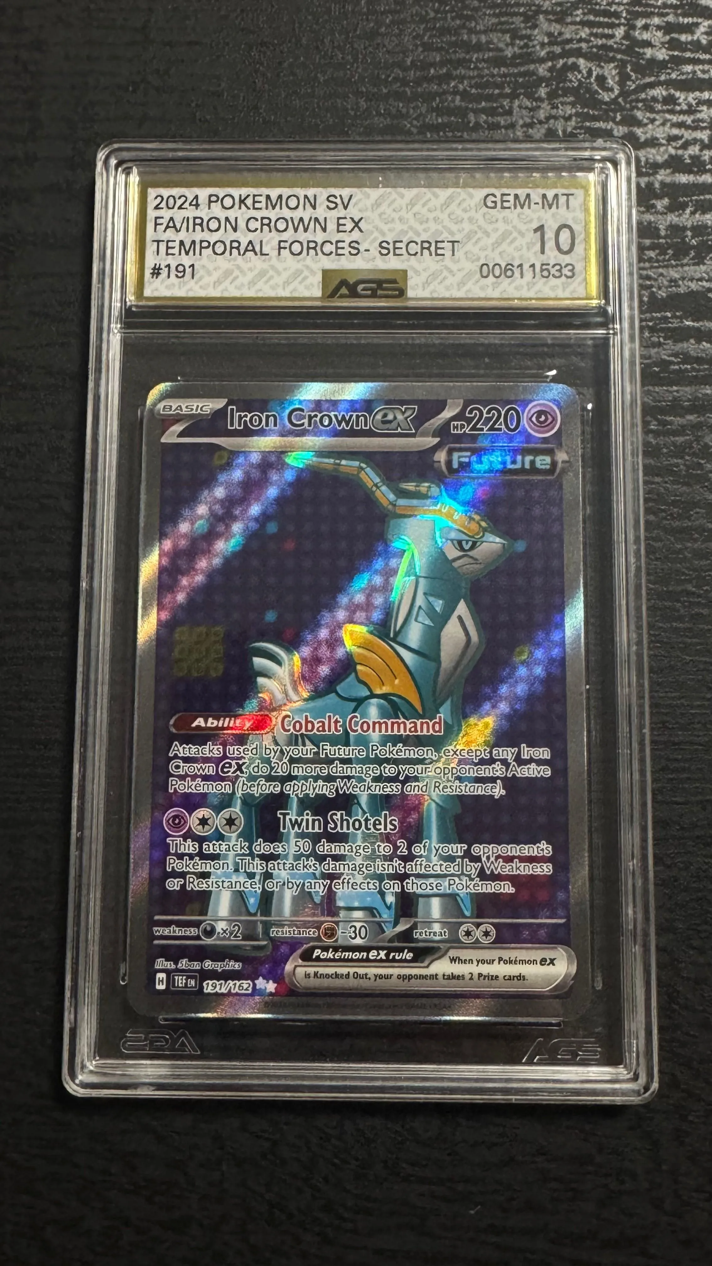 2024 Pokemon Temporal Forces Full Art Iron Crown EX #191 AGS 10 Gem Mint