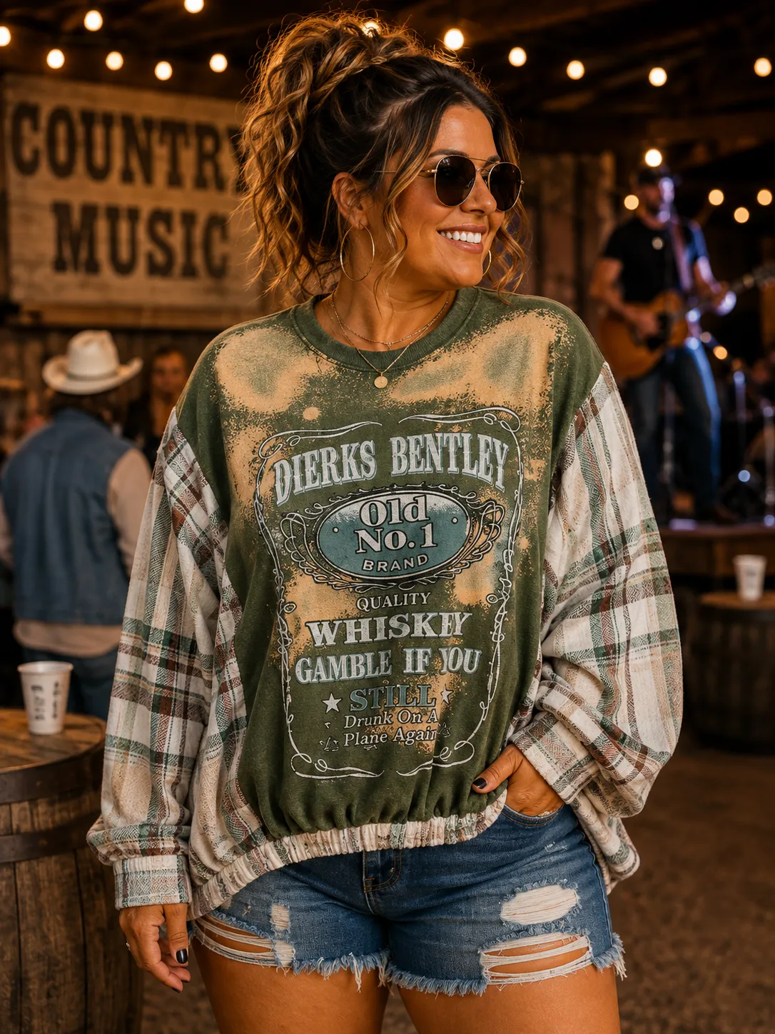 #131 Dierks Bentley Bleached Band Tee & Plaid Flannel Sleeve Upcycle – Elastic Hem – Size 1X