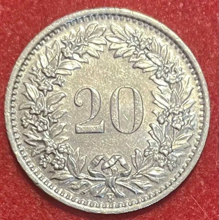 Switzerland 1966 20 Rappen (20 Centimes) Swiss Franc (CHF) KM-33 Circulated World Coin Item Shown