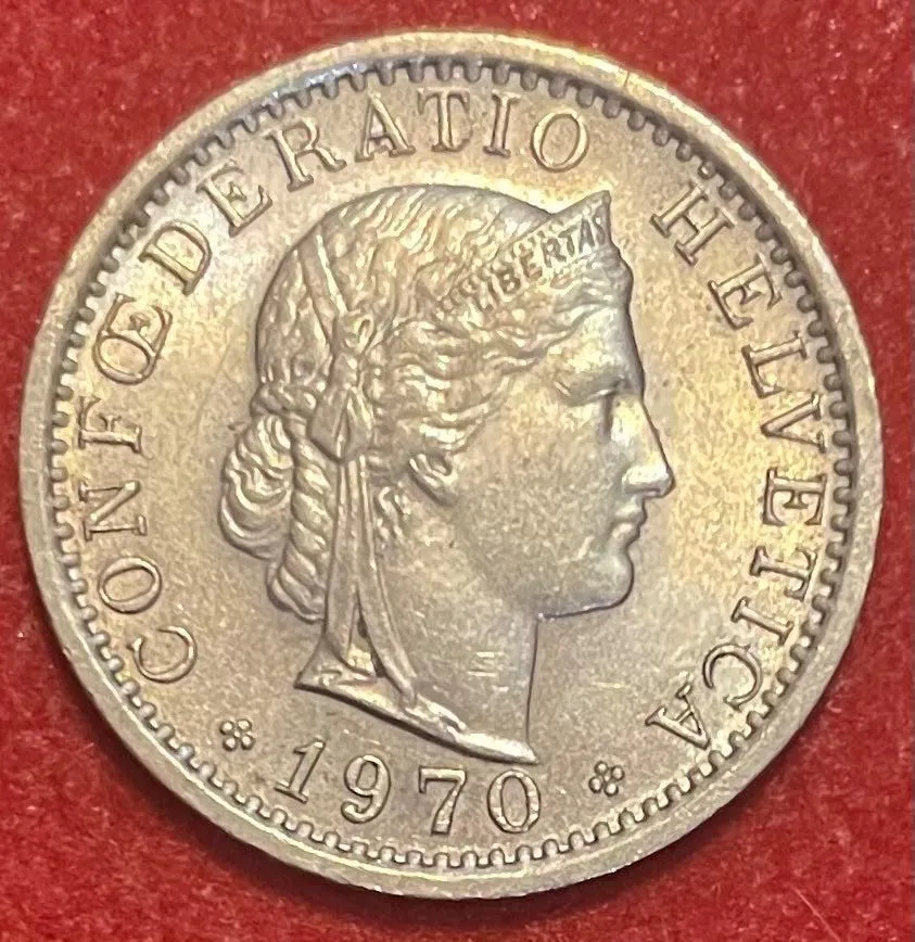 Switzerland 1970 20 Rappen (20 Centimes) Swiss Franc (CHF) KM-24 Circulated World Coin Item Shown
