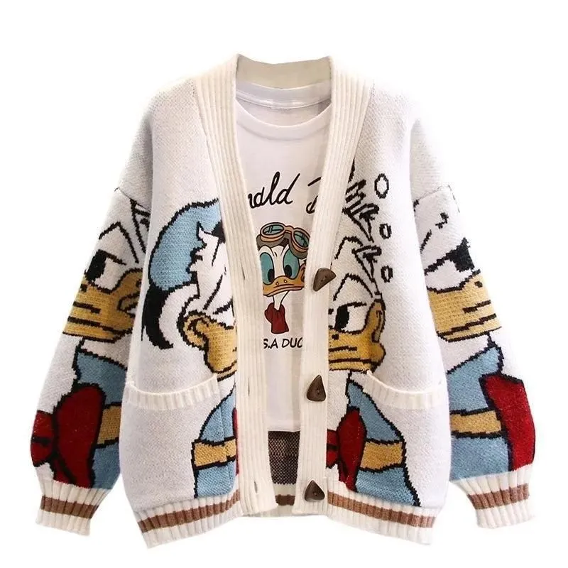 Spring/Autumn Cartoon-print Jacquard Jumper Loose-fitting Relaxed-fit Knitted Cardigan