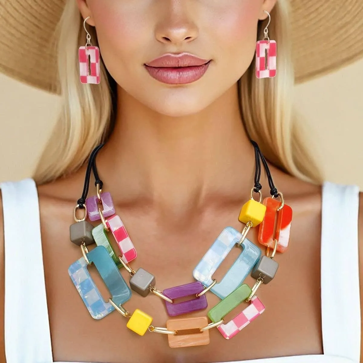 Collar Checkered Rectangle Link Layer Necklace