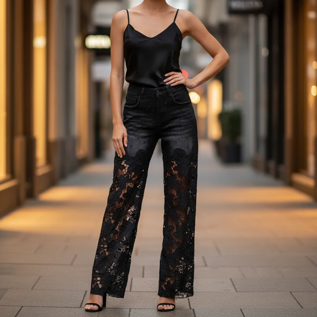 KIWI Pearl Accent Floral Lace Wide-Leg Jeans