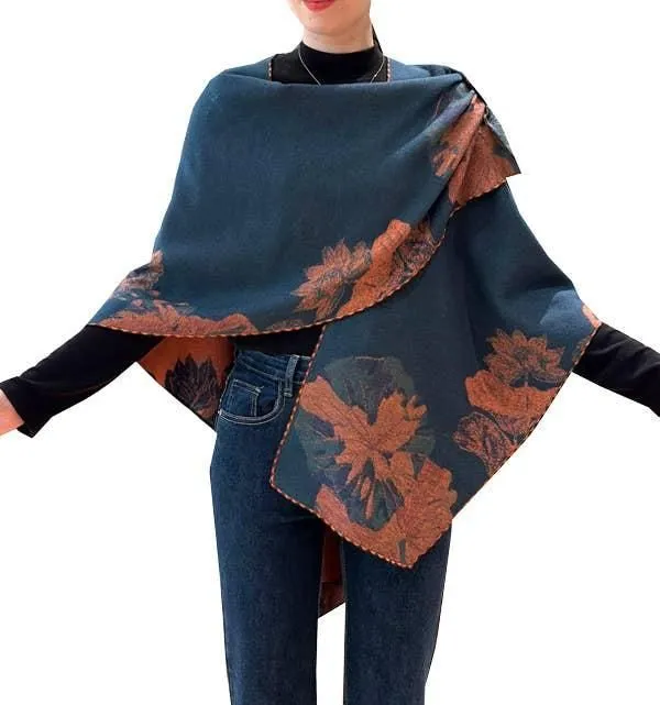 Orange / Navy Fan Leaves Reversible Loop Wrap