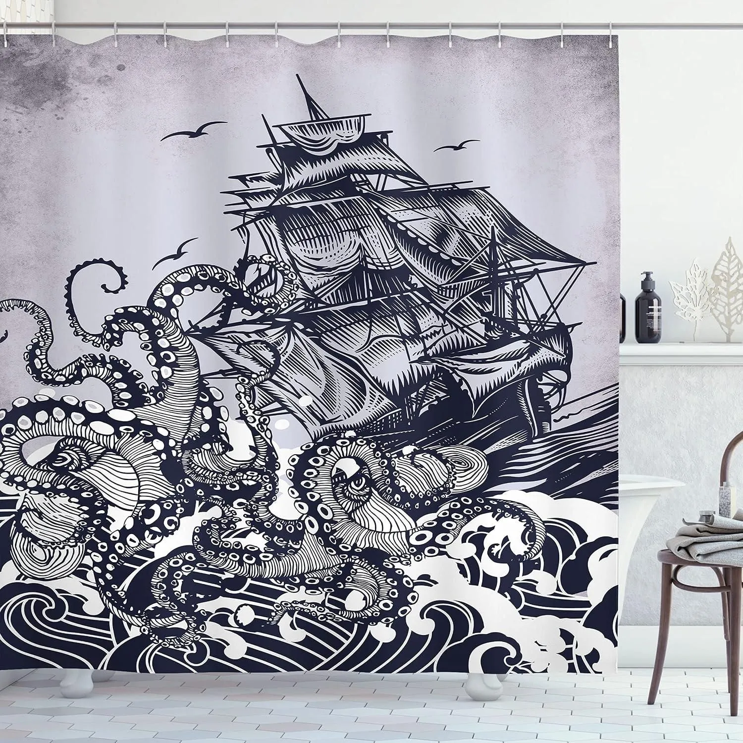 Nautical Shower Curtain Blue Hued Kracken art