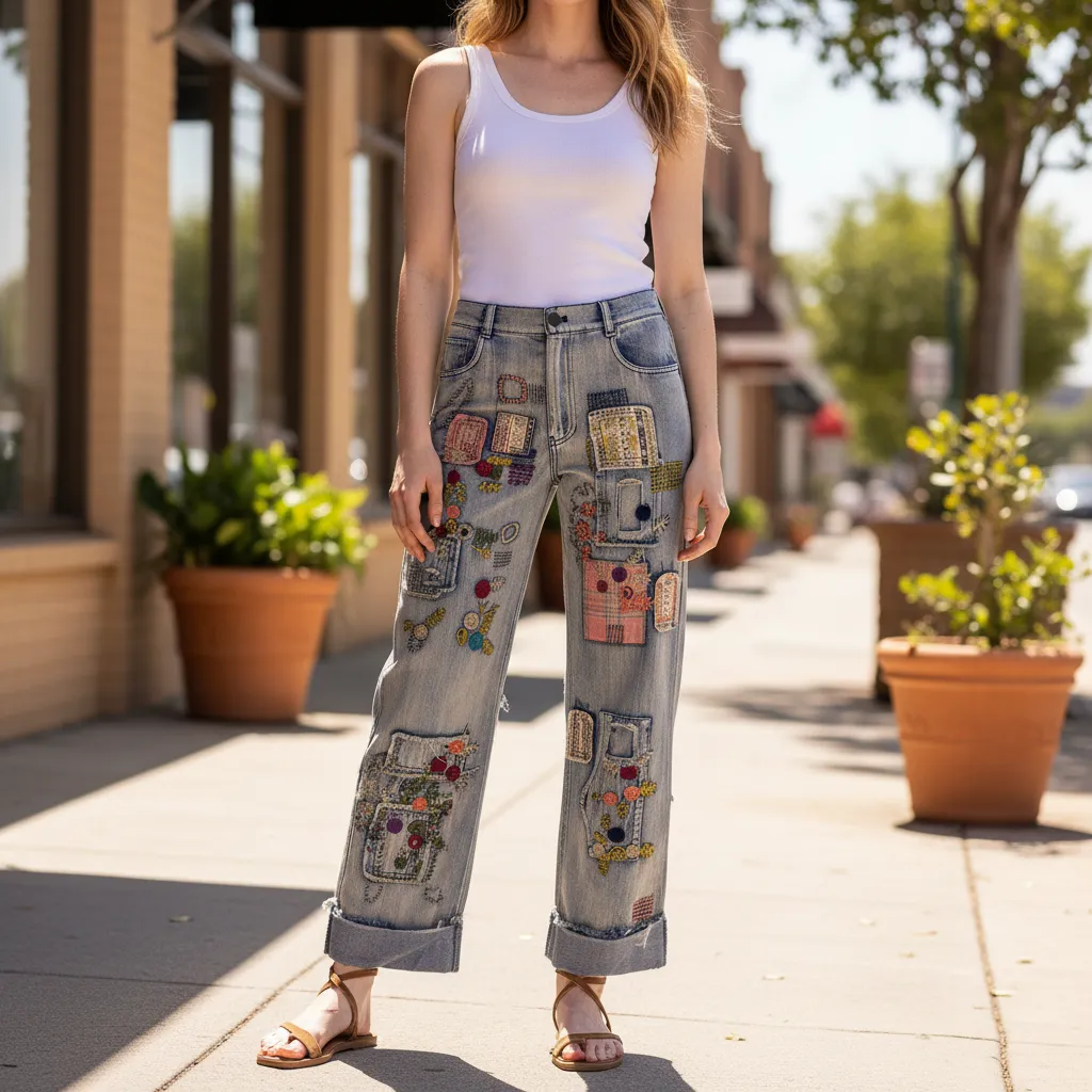 Blue Velvet Patchwork Embroidered Wide-Leg Denim Pants