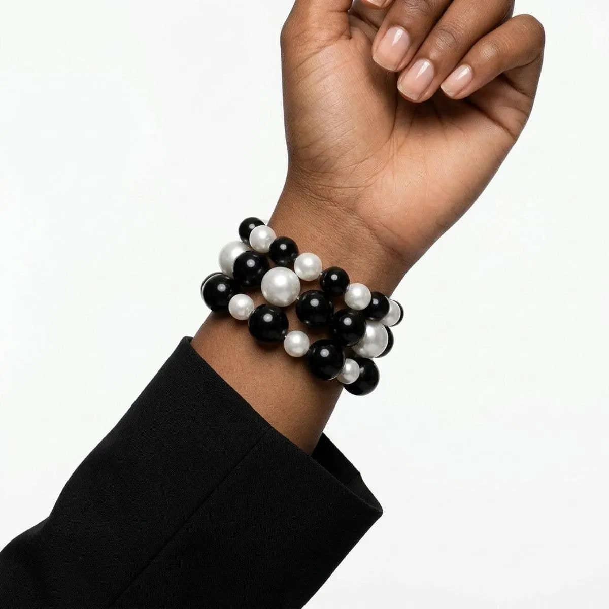 Black Bead White Pearl Bracelet Stretch 3 Strand