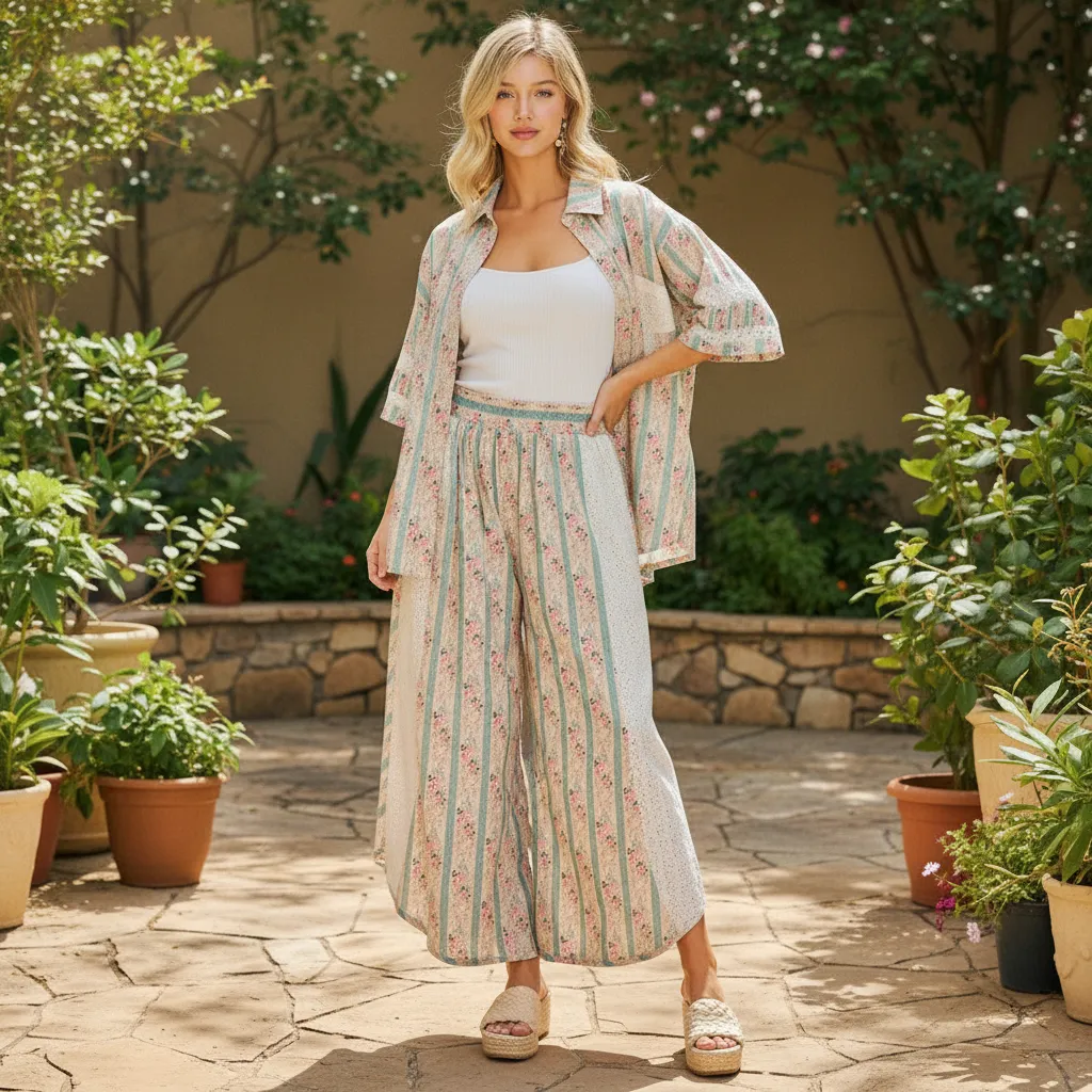 BiBi Floral Eyelet Wide-Leg Pants in Teal