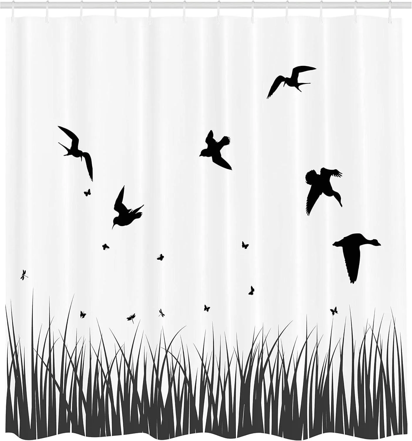 Silhouette of Grass Bush with Birds Flying on Sky Rural Countryside Foliage Shower Curtain