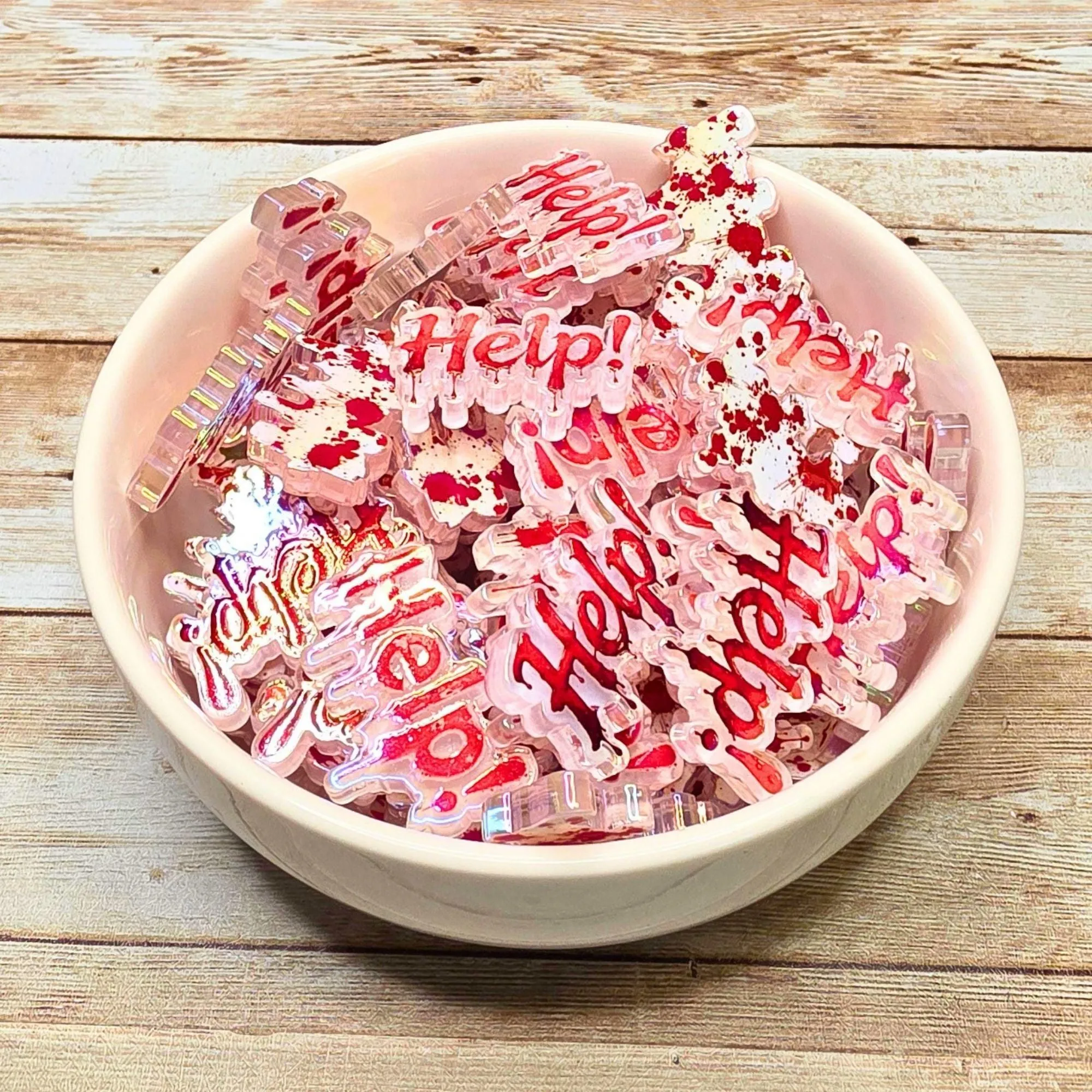 Bloody HELP Halloween Acrylic Beads – Set of 10 | Horror Spooky Focal Beads | Red Dripping Blood Beads for Pens, Keychains & Crafts