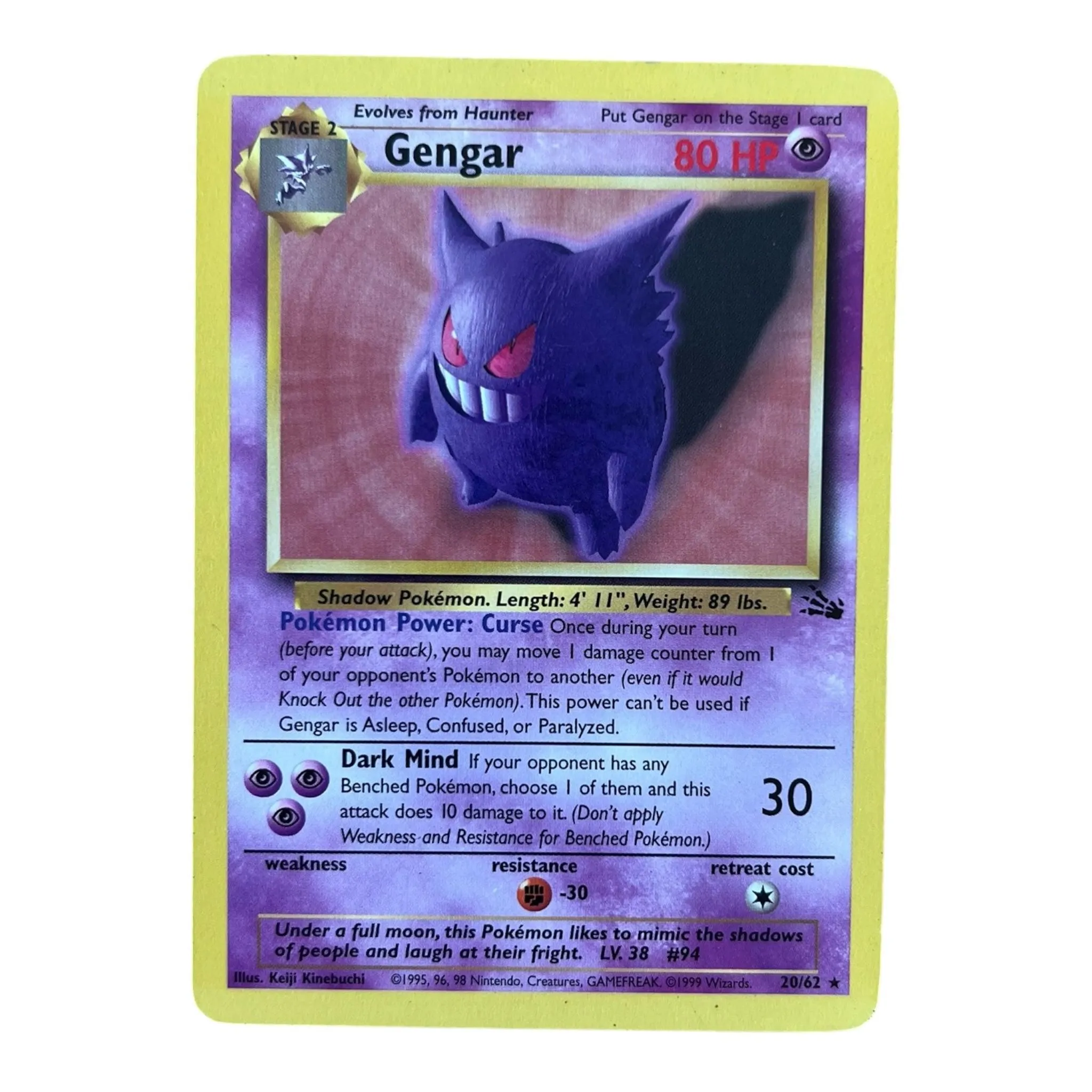 Gengar 20/62 Holo Rare – Fossil – Vintage 1999 Pokémon