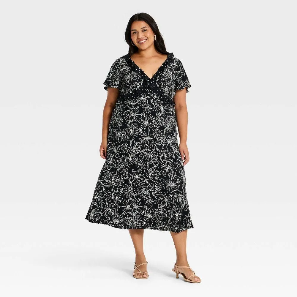 New without Tags - Women's Short Flutter Sleeve V-Neck Midi Dress - A New Day Black