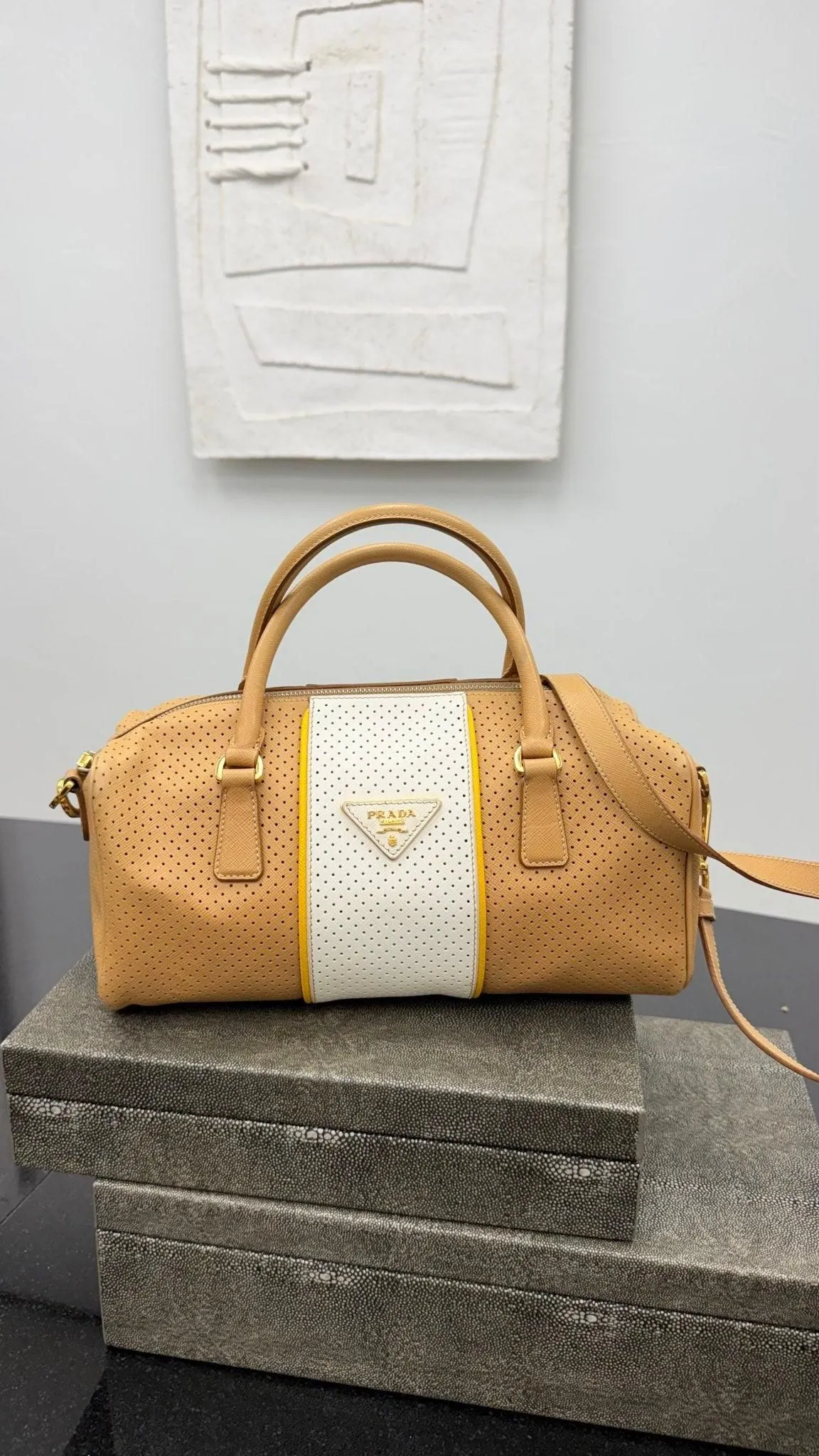 Prada Beige And White Perforated Saffiano Leather Boston Bag