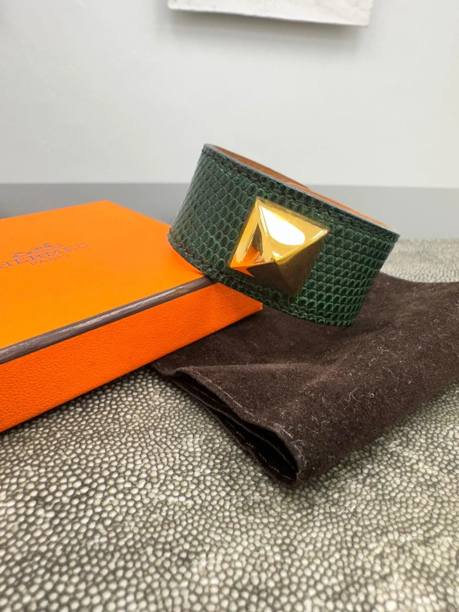 Hermes Green Lizard Skin Medor Stud Cuff Bracelet