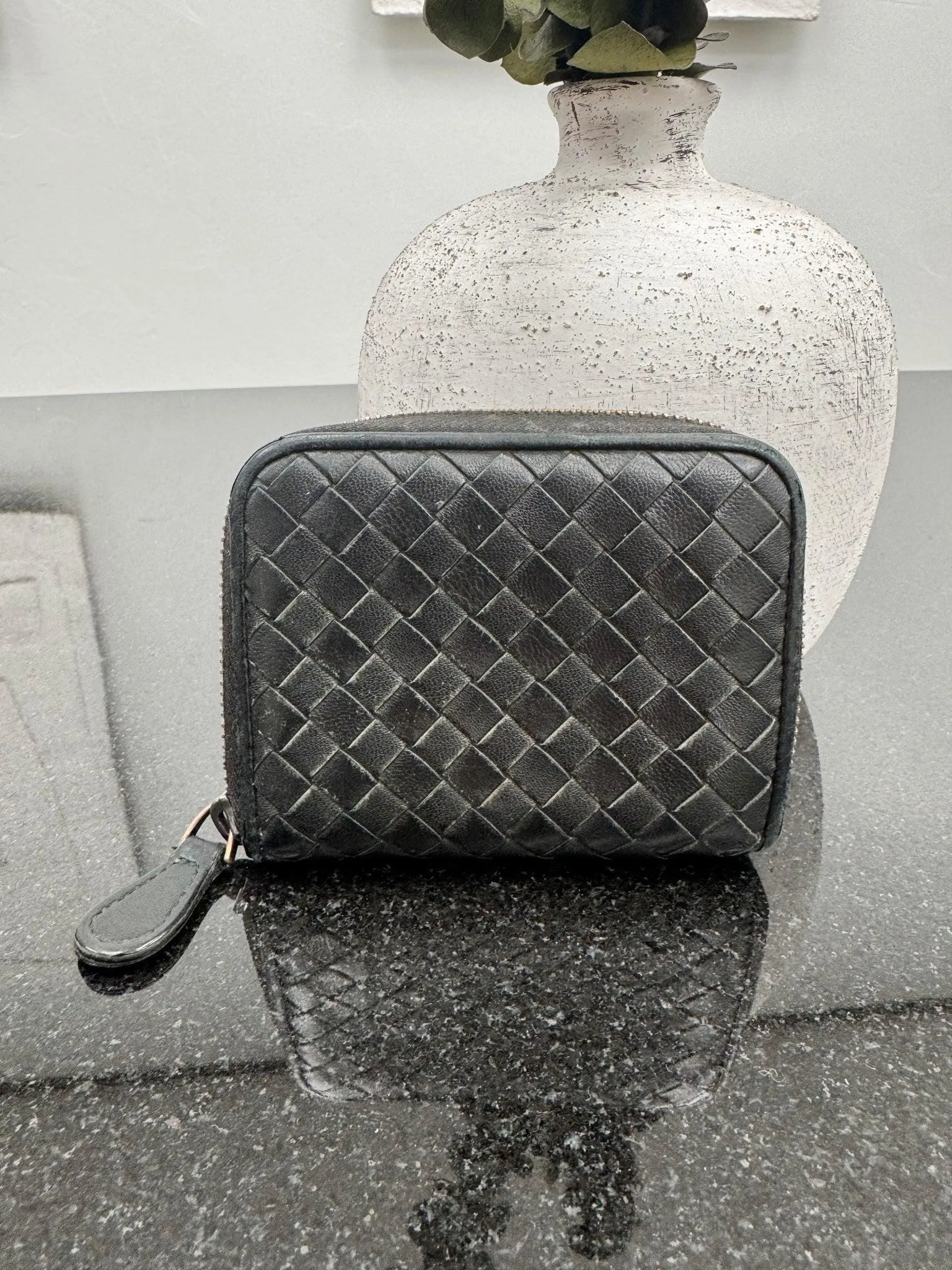 Bottega Veneta Black Intrecciato Leather Compact Zippy Wallet