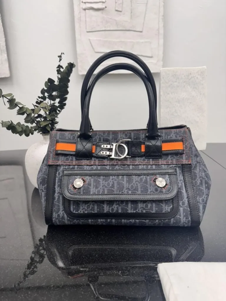 Christian Dior Denim And Orange Diorissimo Trotter Flight Handbag