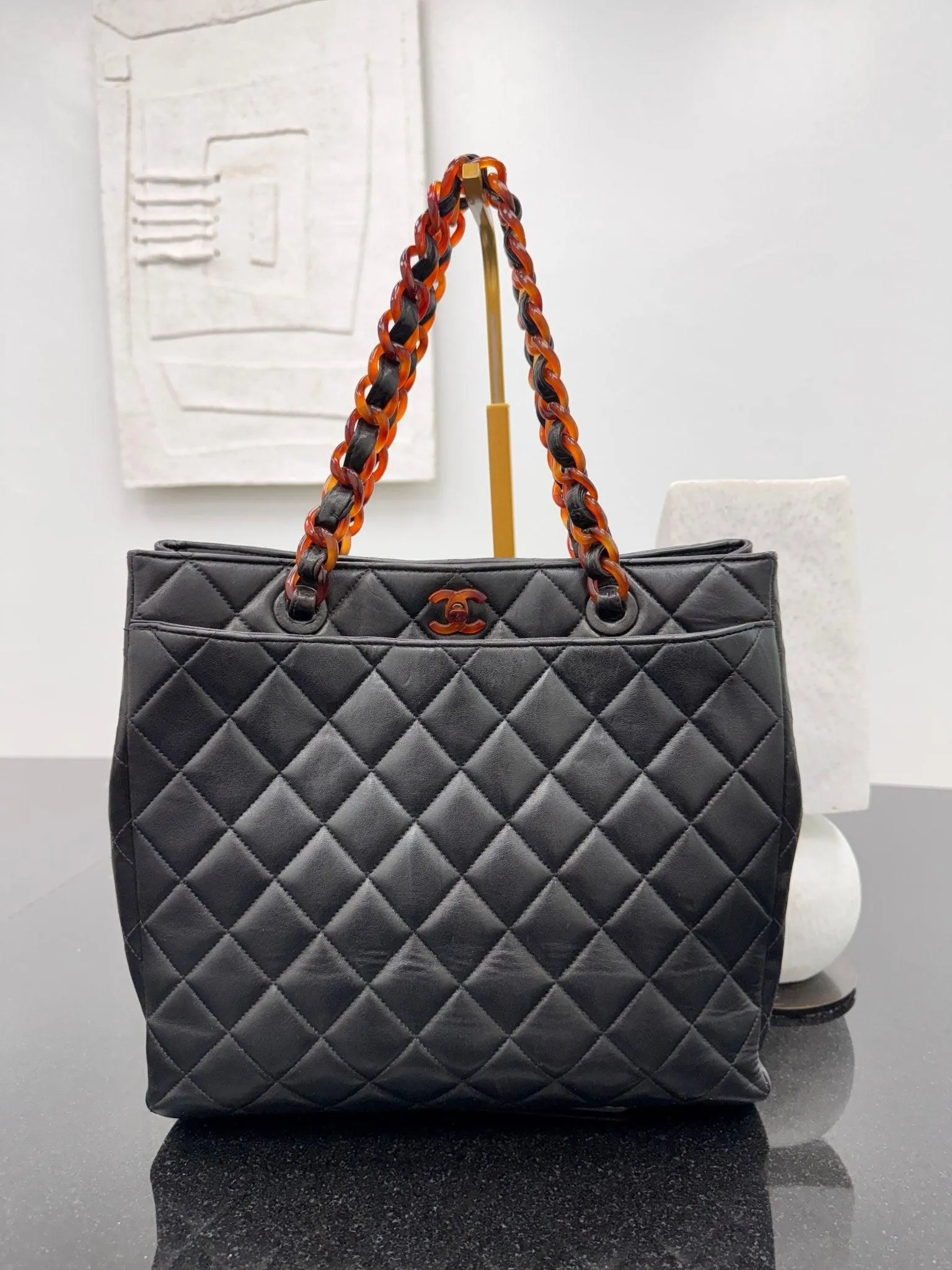 Chanel Vintage Black Quilted Calfskin Leather Tortoise Chain Twist Lock Tote Bag
