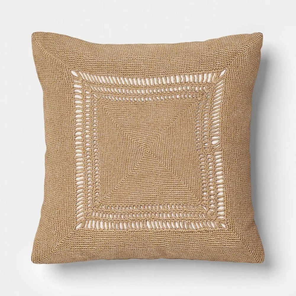 New without box - 20"x20" Natural Weave Outdoor Patio Throw Pillow Tan - Threshold designed with