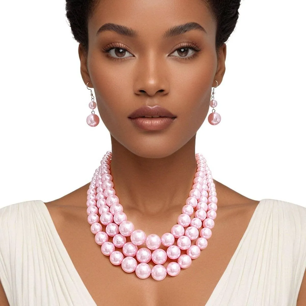 Pink Graduated 3-Strand Pearl Necklace & Earrings Set