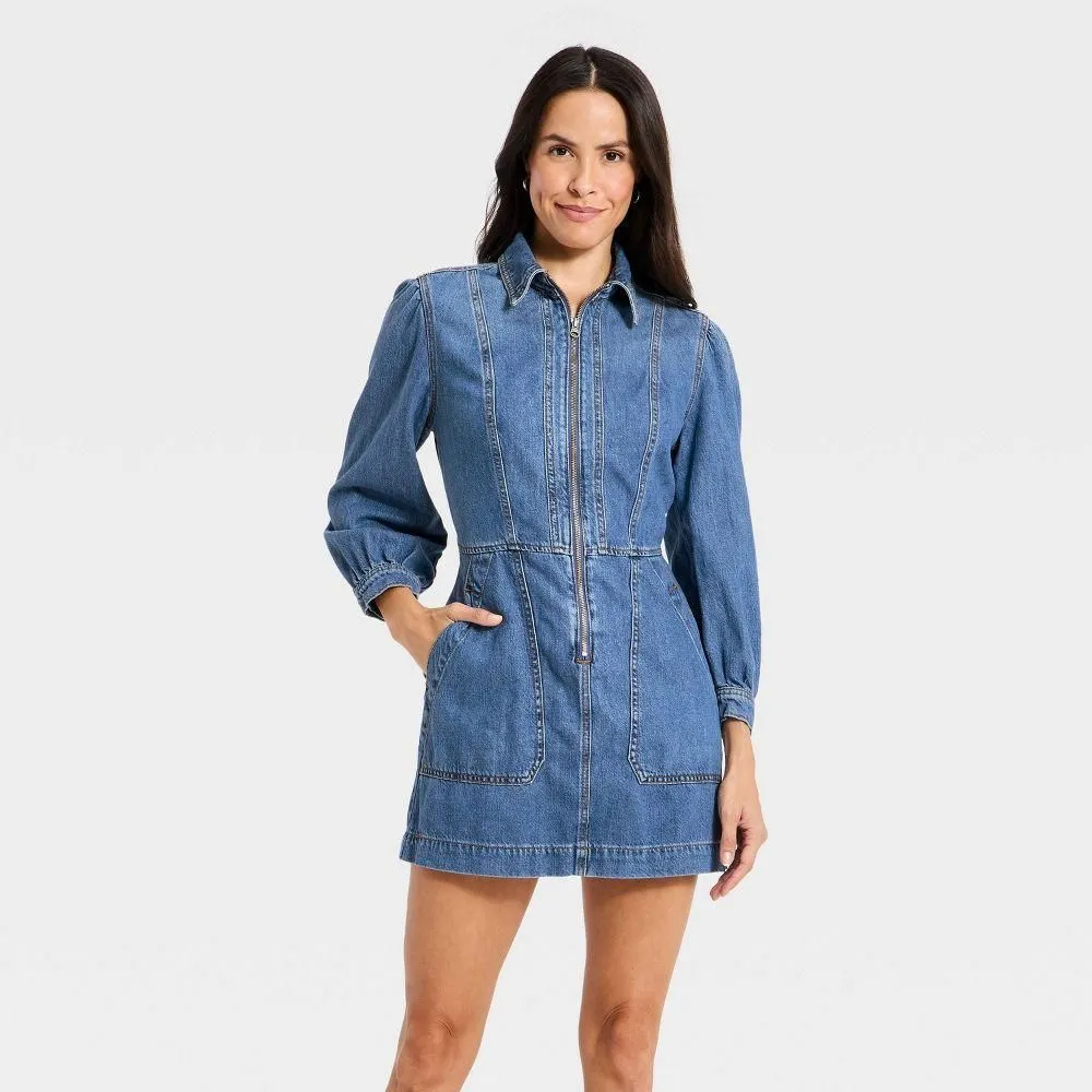 New without Tags - Size: X Large - Women's Long Sleeve Zip Front Midi Denim Dress - Universal Thread Medium