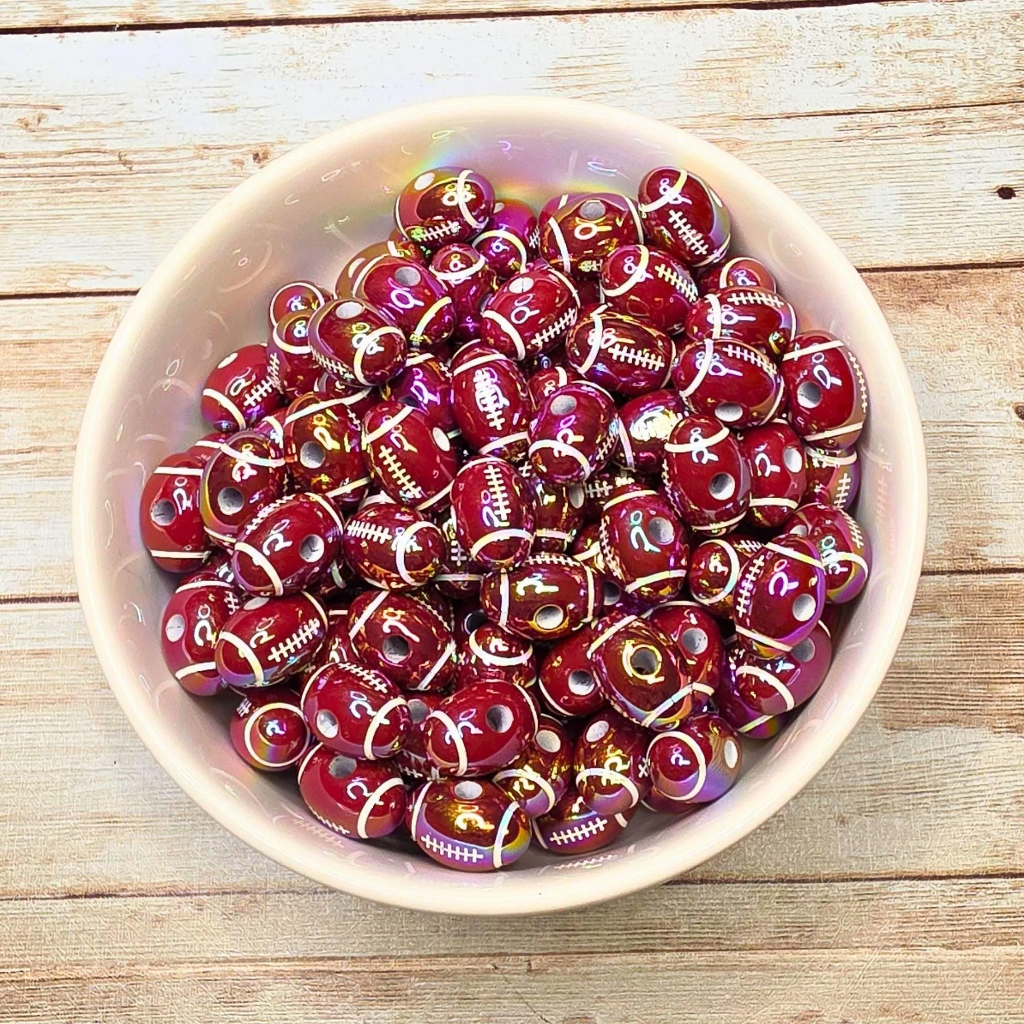 Set of 10 Football Beads – Maroon Iridescent Sports Beads for Beaded Pens, Keychains, Badge Reels & Game Day Crafts