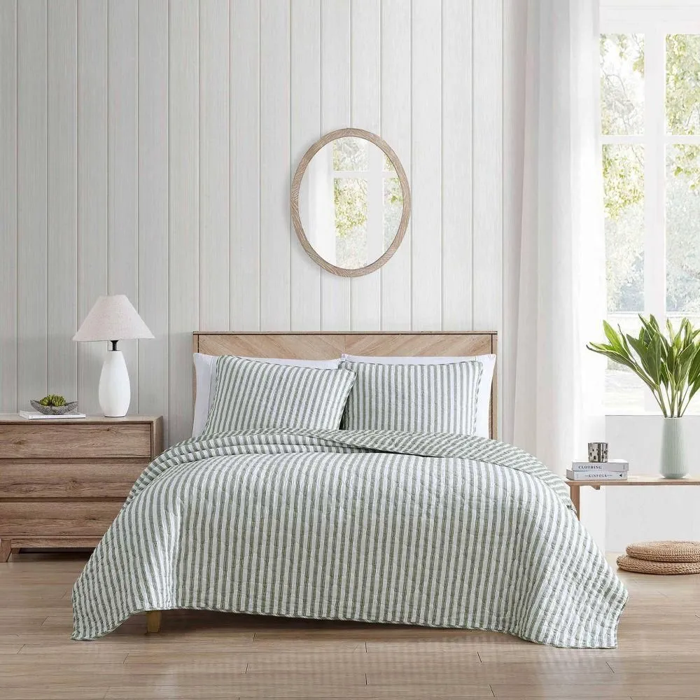 New without box - Stone Cottage Twin Willow Way Ticking Striped Quilt Set Green