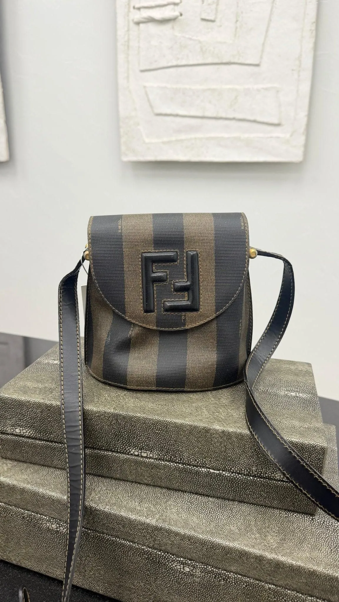 Fendi Brown And Black Coated Canvas Pequin Stripe Shoulder Bag