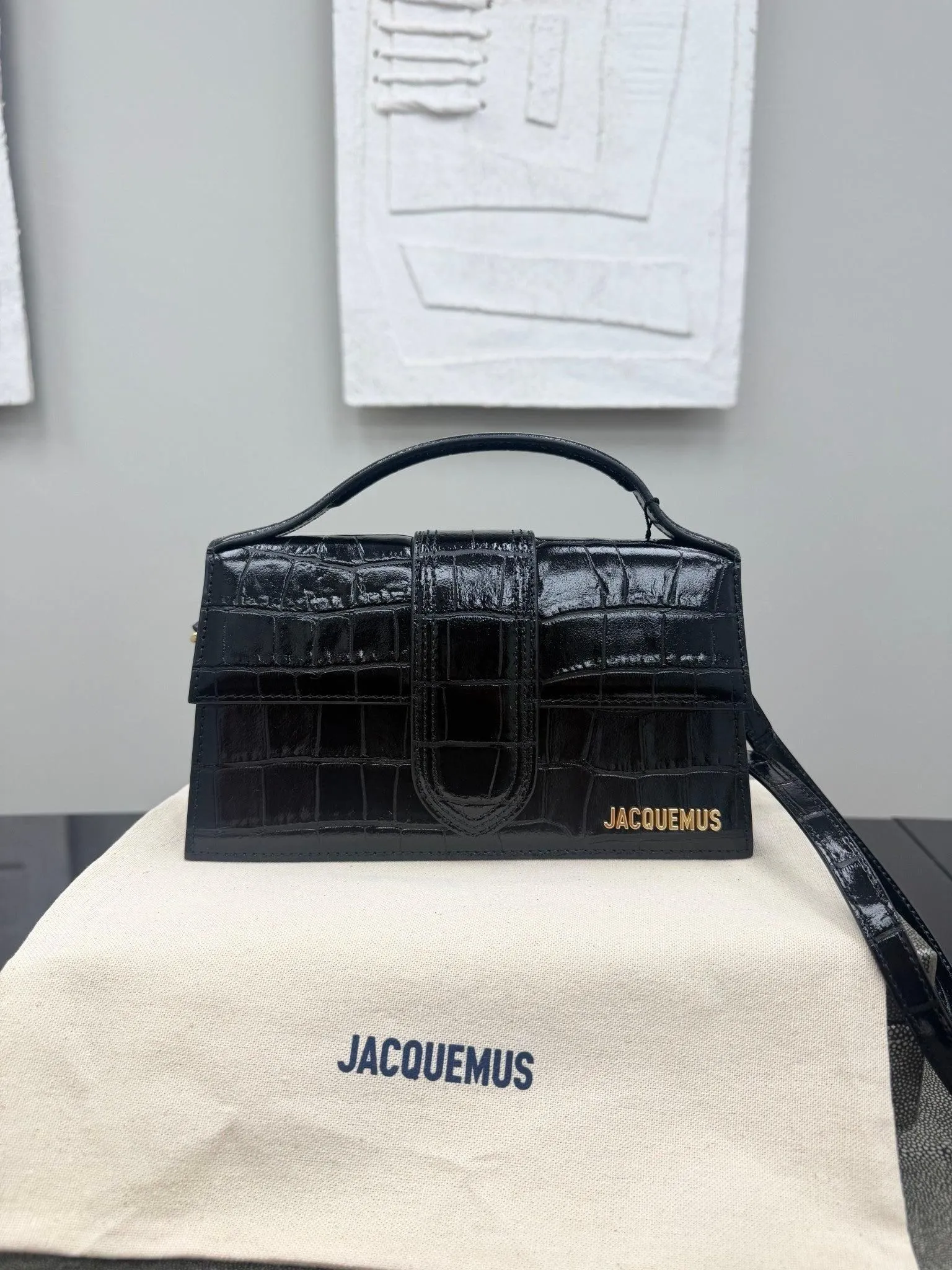 BRAND NEW - Jacquemus Black Croc Embossed Leather Le Grand Bambino 2Way Handbag
