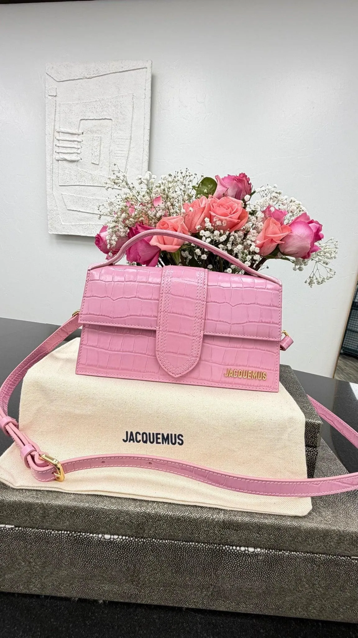 BRAND NEW - Jacquemus Pink Croc Embossed Le Grand Bambino 2Way Handbag