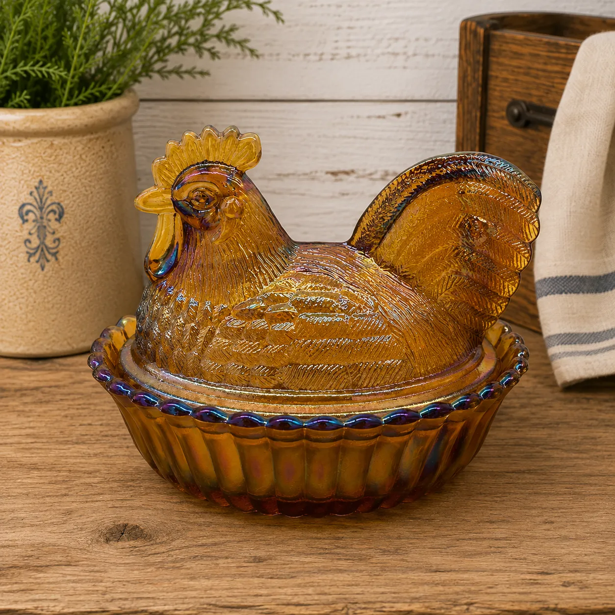 Amber Carnival Glass Rooster on Ribbed Nest