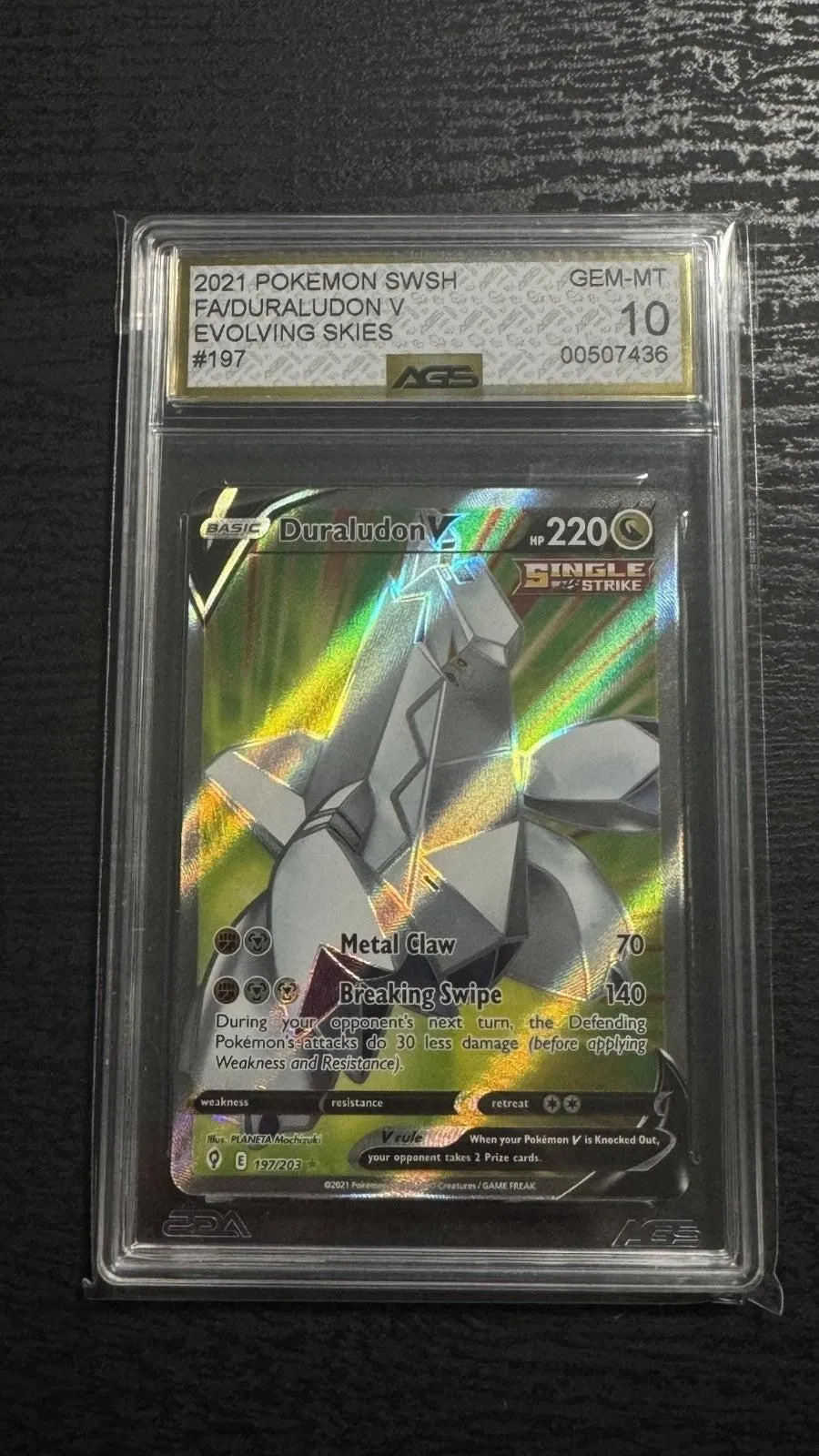 2021 Pokemon Evolving Skies Full Art Duraludon V #197 AGS 10 Gem Mint