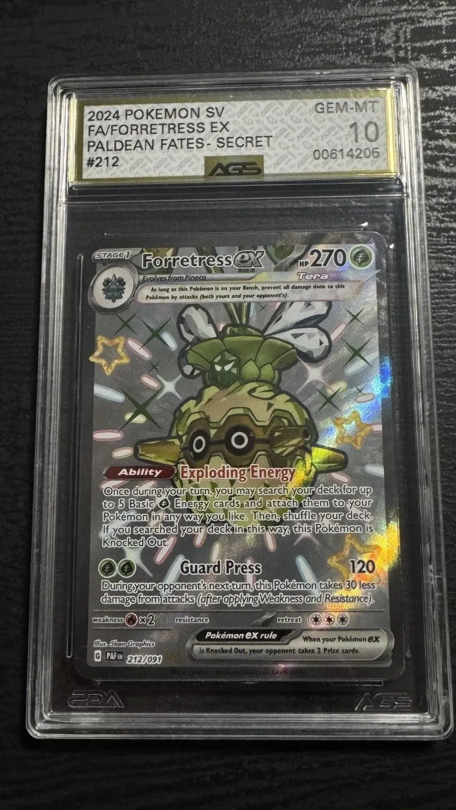 2024 Pokemon Paldean Fates Full Art Forretress EX #212 AGS 10 Gem Mint