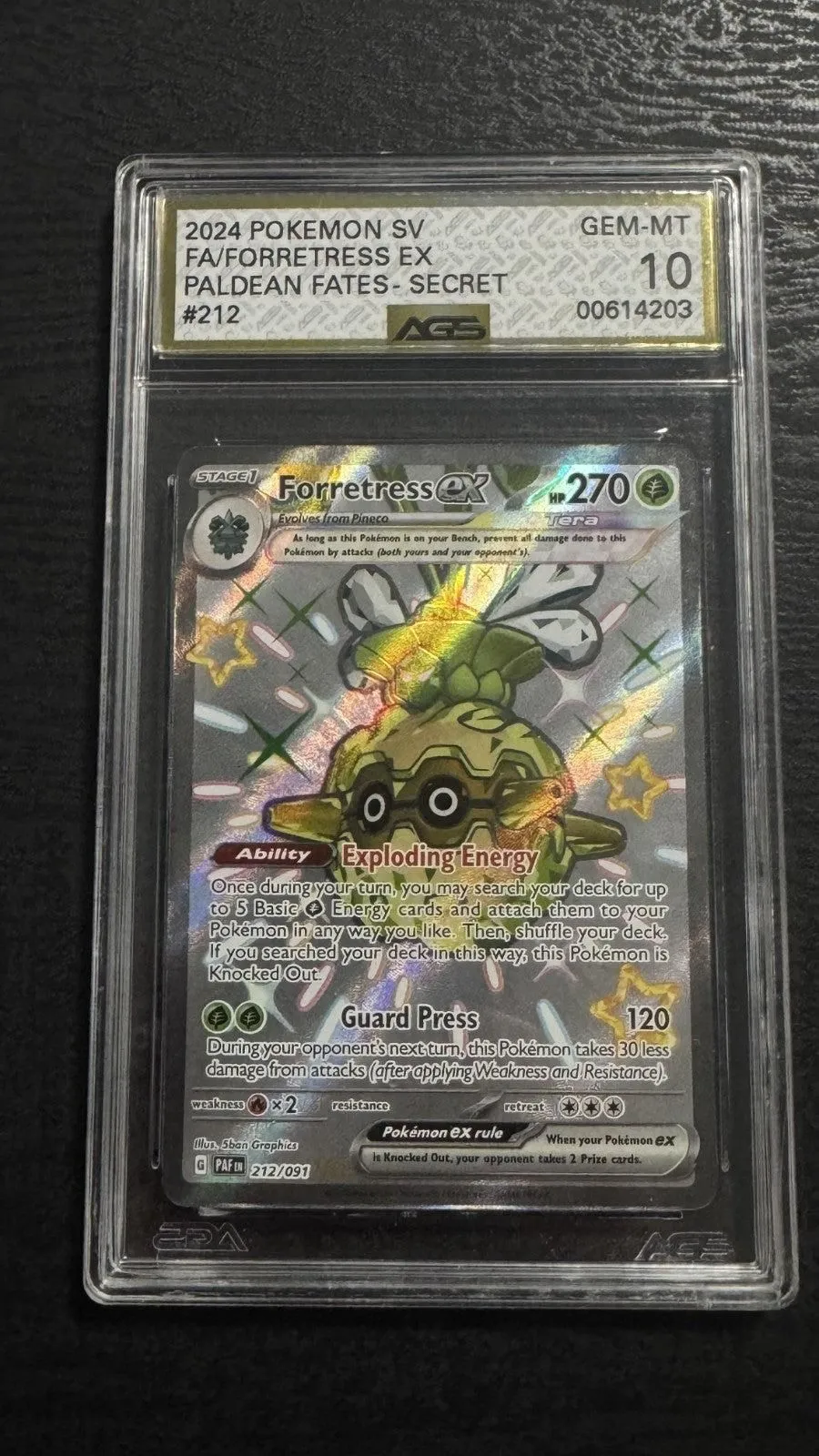 2024 Pokemon Paldean Fates Full Art Forretress EX #212 AGS 10 Gem Mint