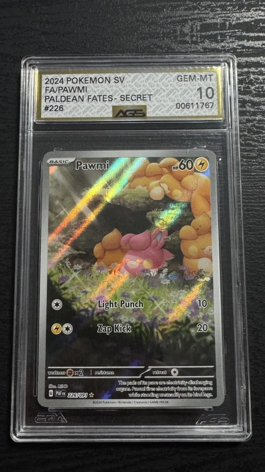 2024 Pokemon Paldean Fates Pawmi #226 AGS 10 Gem Mint
