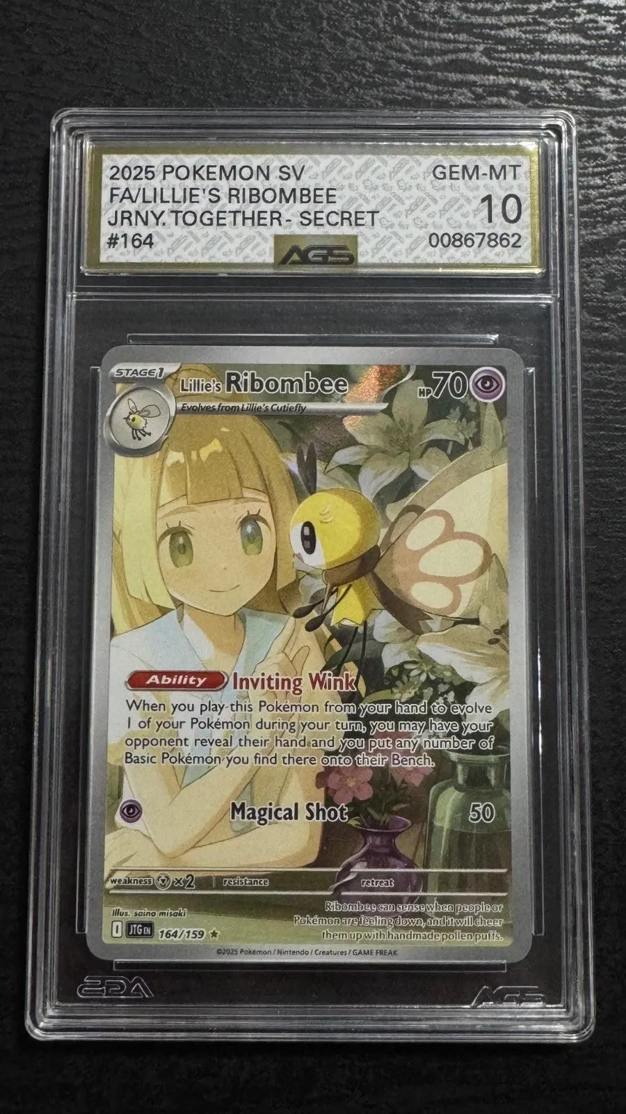 2025 Pokemon Journey Together Illustration Rare Lillie's Ribombee #164 AGS 10