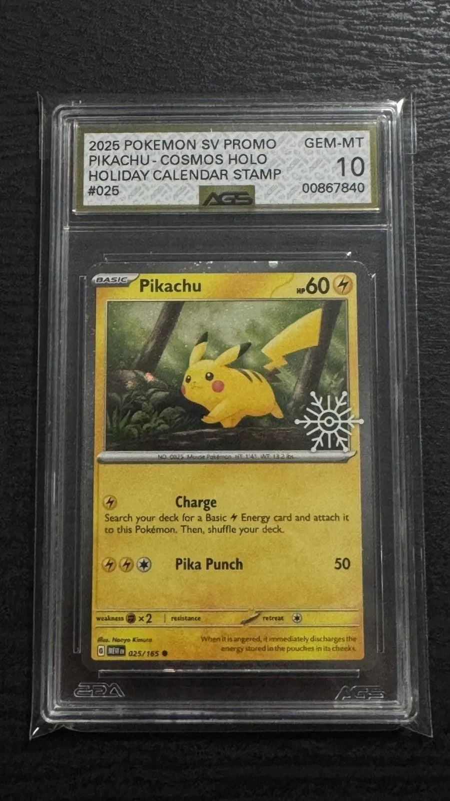 2025 Pokemon Holiday Calendar Stamp Cosmos Holo Pikachu #25 AGS 10 Gem Mint