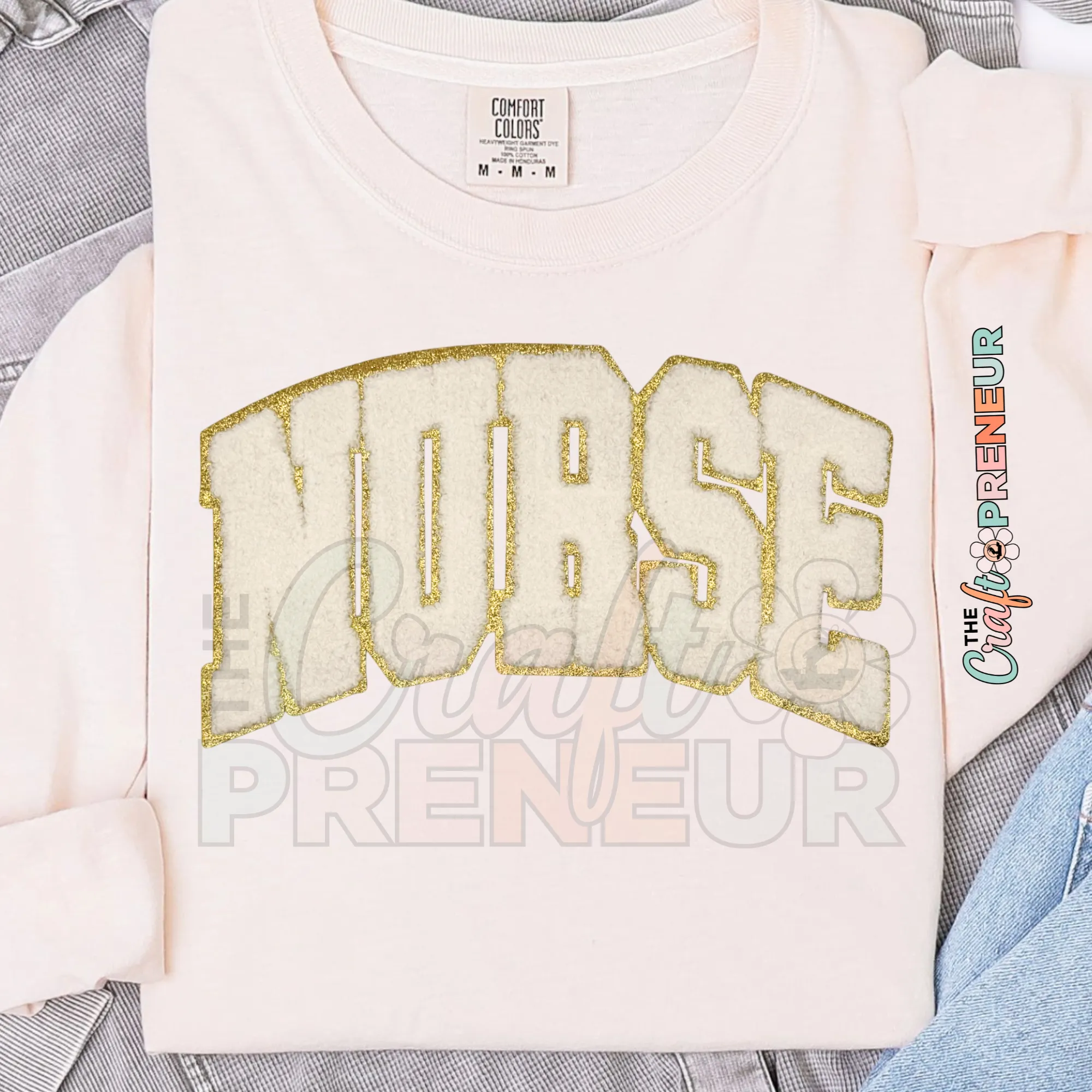 PATCH063 - Nurse Varsity White Chenille Gold Glitter Iron on Patch