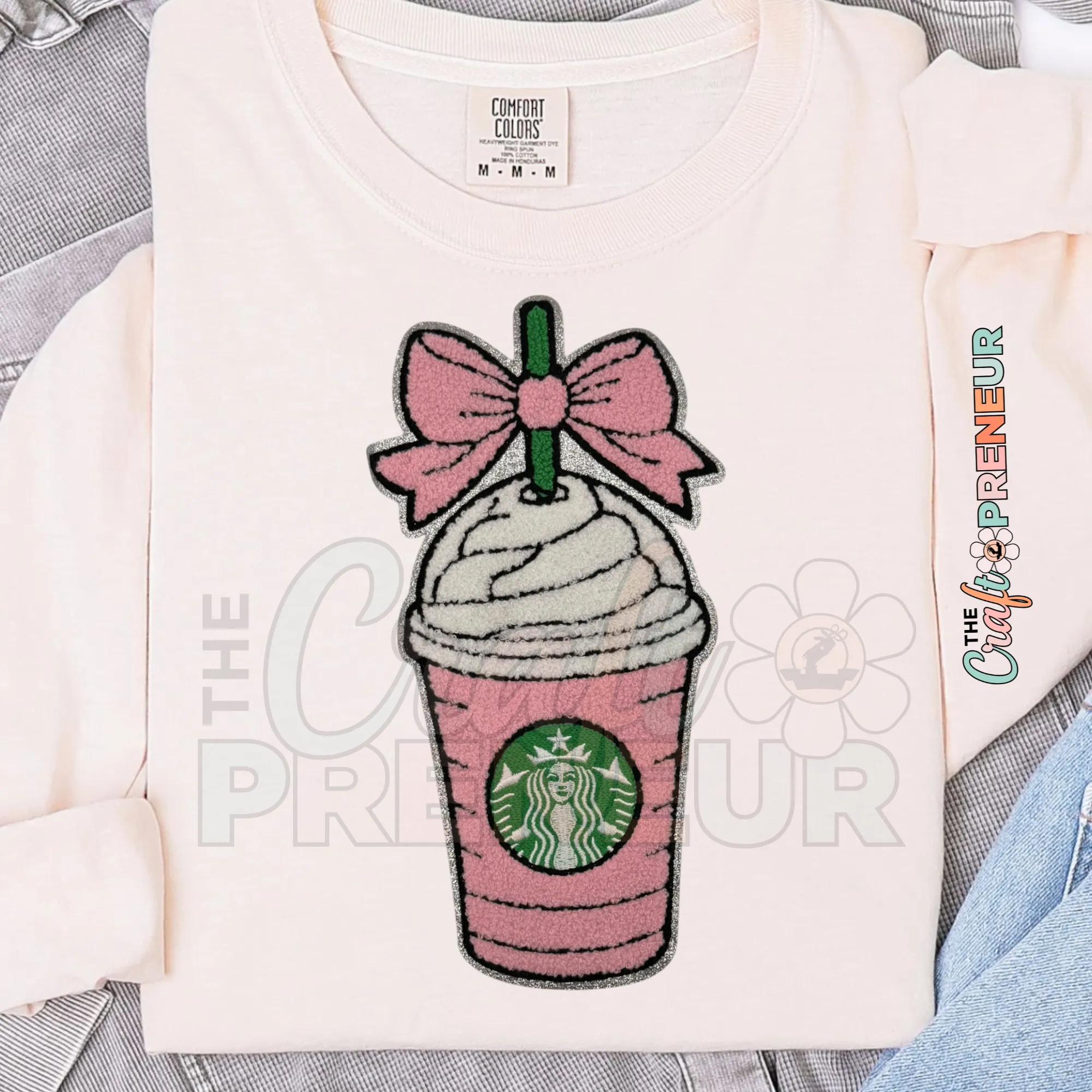 PATCH065 - Starbuck Pink Drink Coquette Bow Chenille Patch