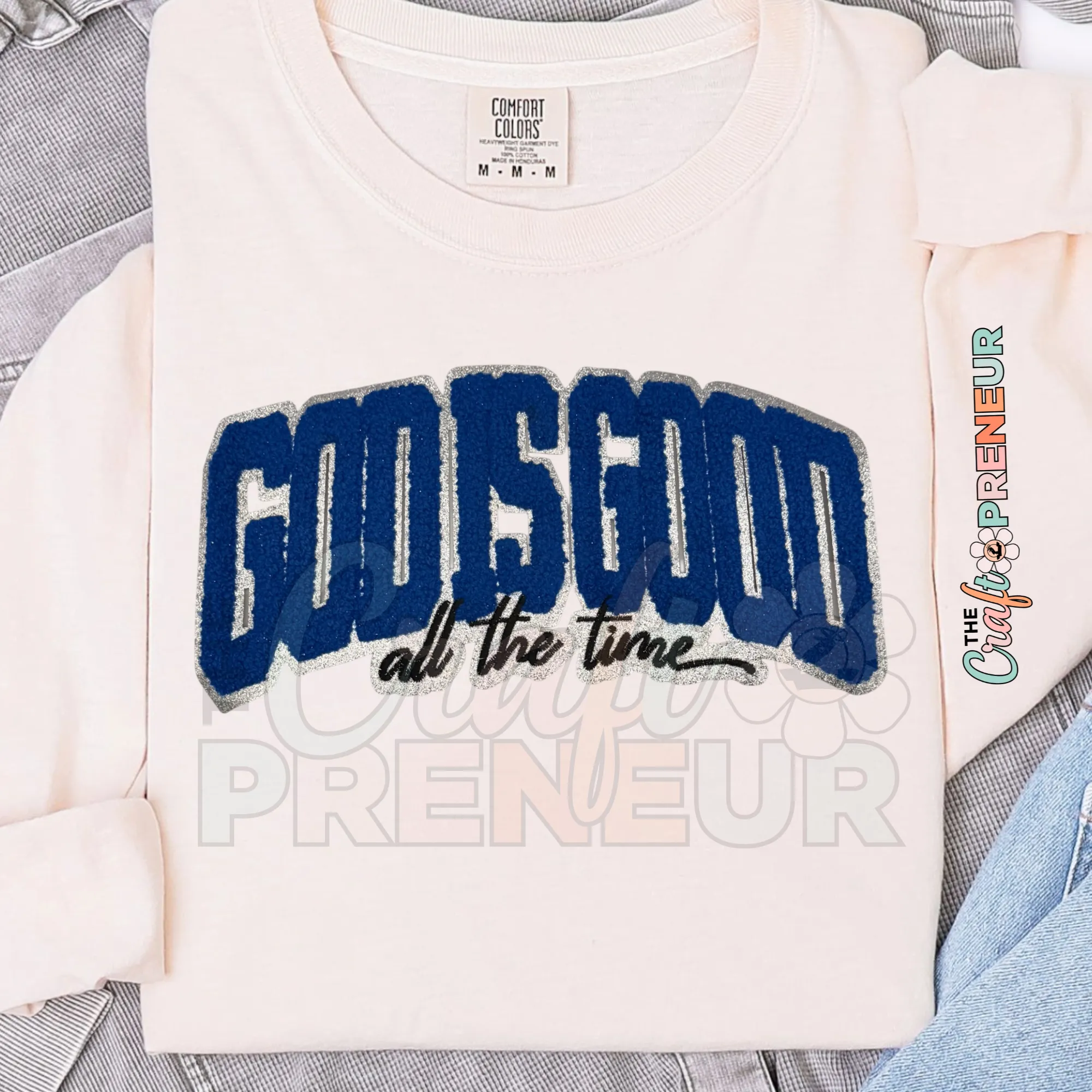 PATCH070 - God is Good Chenille Glitter Iron on Patch (Royal/Silver)