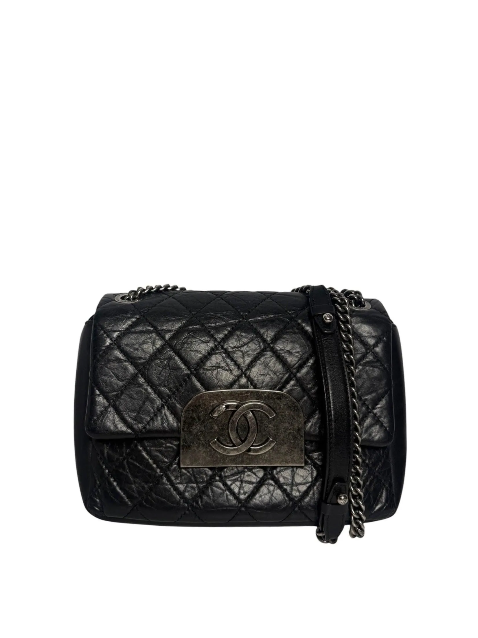 Chanel Black Aged Calfskin CC Shoulder Flap T1122