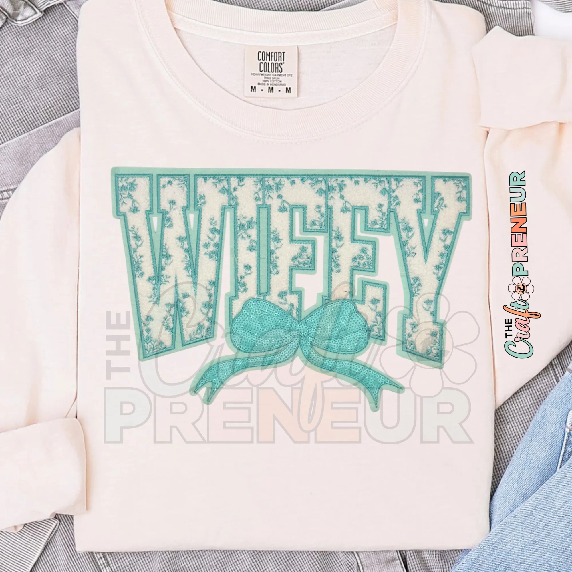 PATCH078 - Wifey Chenille Varsity Coquette Bow Sequin Iron on Patch