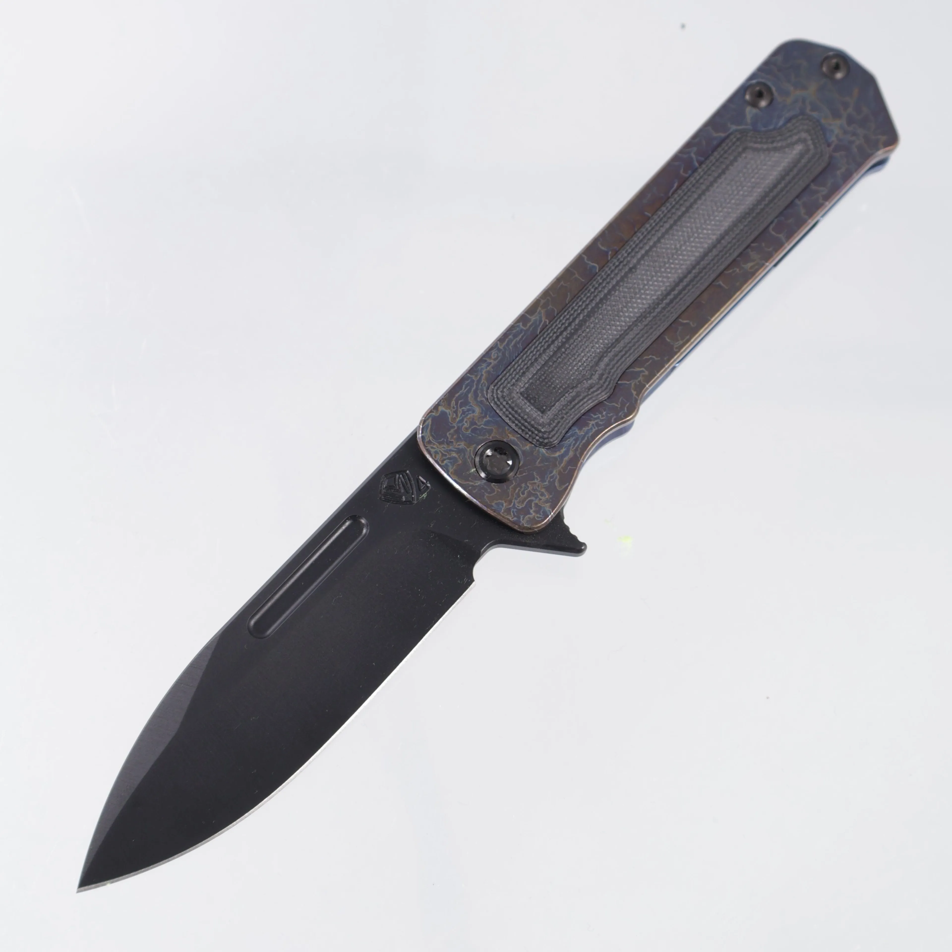 Medford TFF-4 - Flamed Titanium Front Scale w/ Black G10 Inlay, Blue Titanium Lockside & USA Engraved Clip - DLC S45VN - MK1404PD-03A2-TPCP-BP
