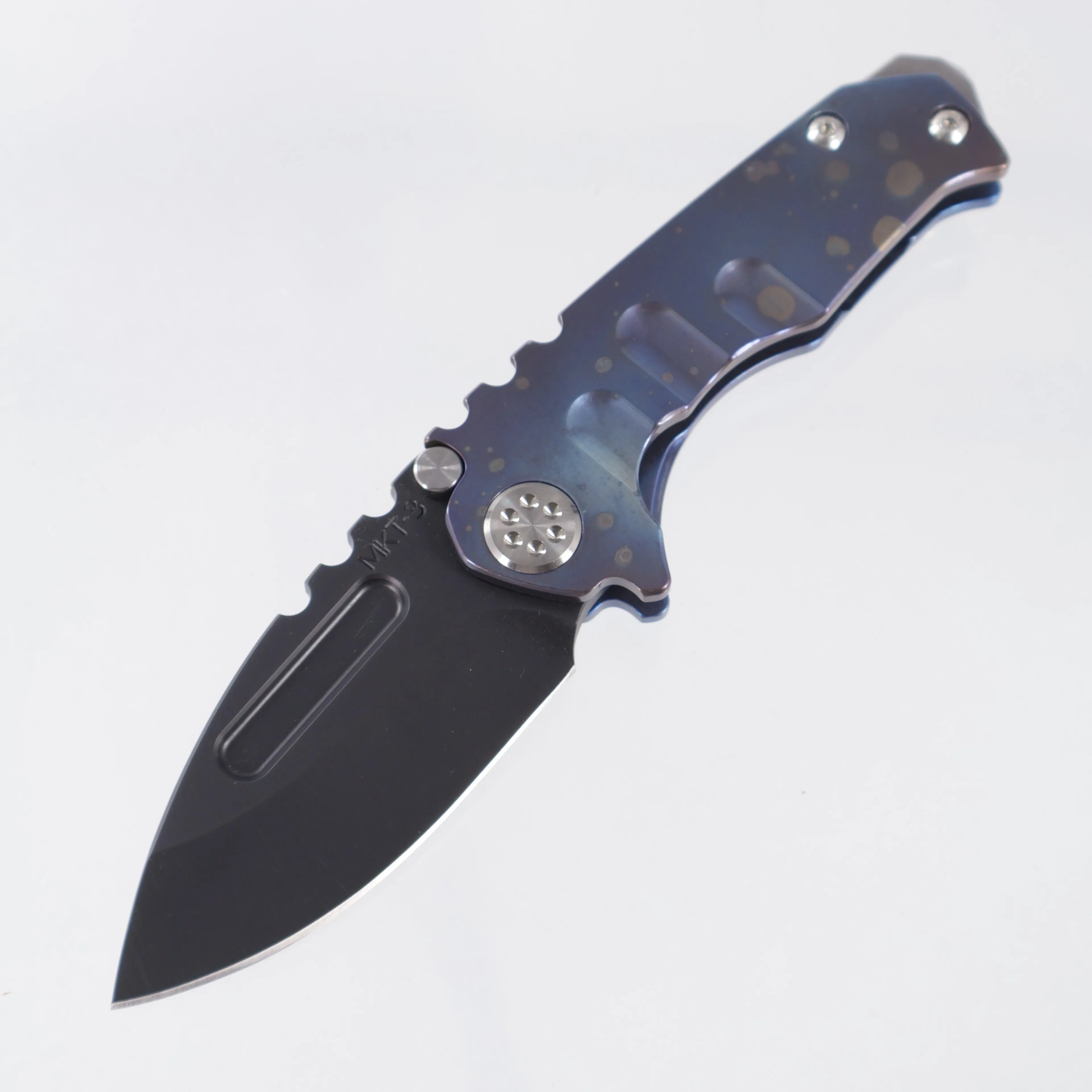 Medford Micro Praetorian Drop Point - Flamed Titanium Front Scale w/ Blue Titanium Lockside - DLC 3V - MK0083PD-03A2-TSCS-BN